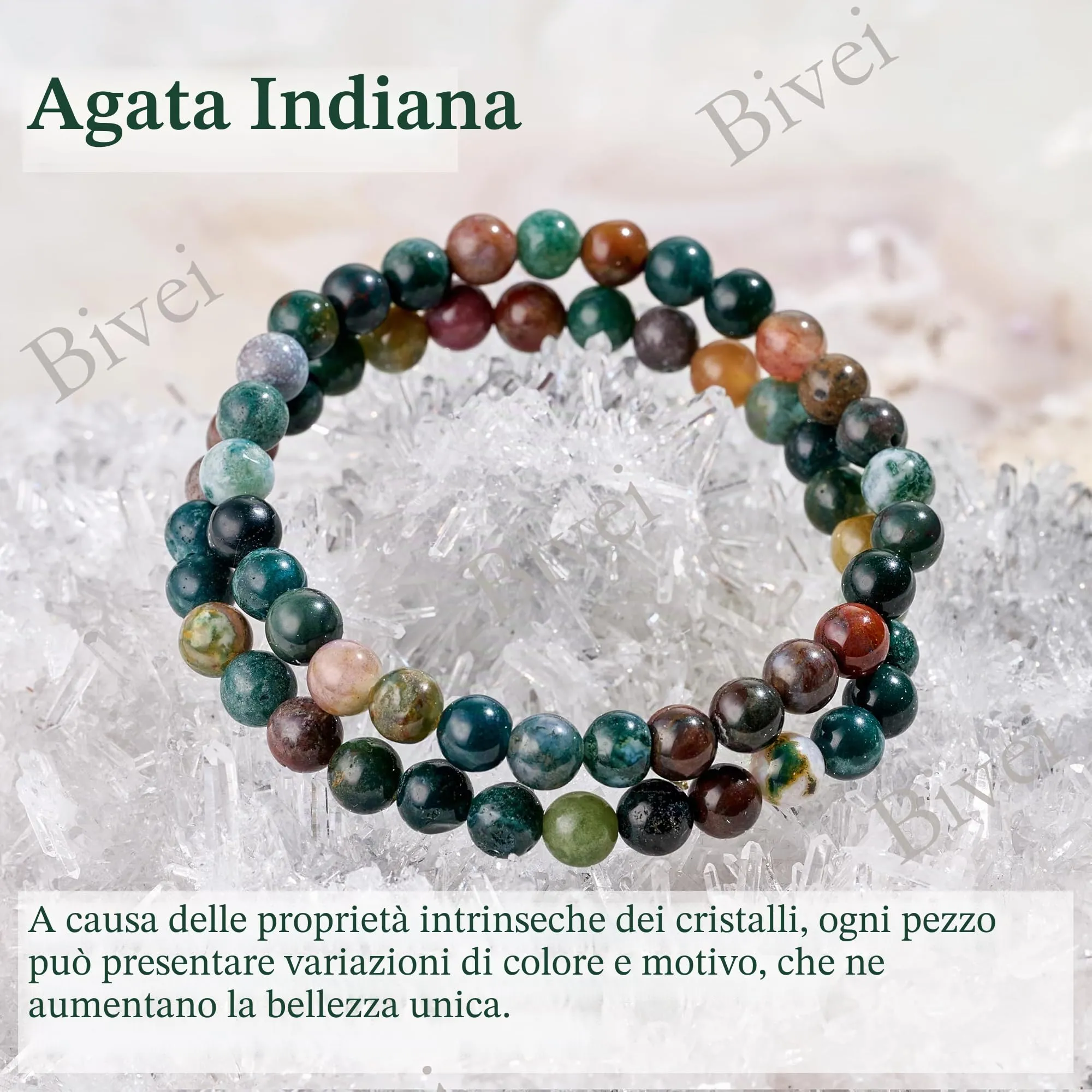 Bivei Braccialetto in Agata Indiana, Perle di Cristallo Naturale 6mm, Elastico, 18.5cm - immagine 5