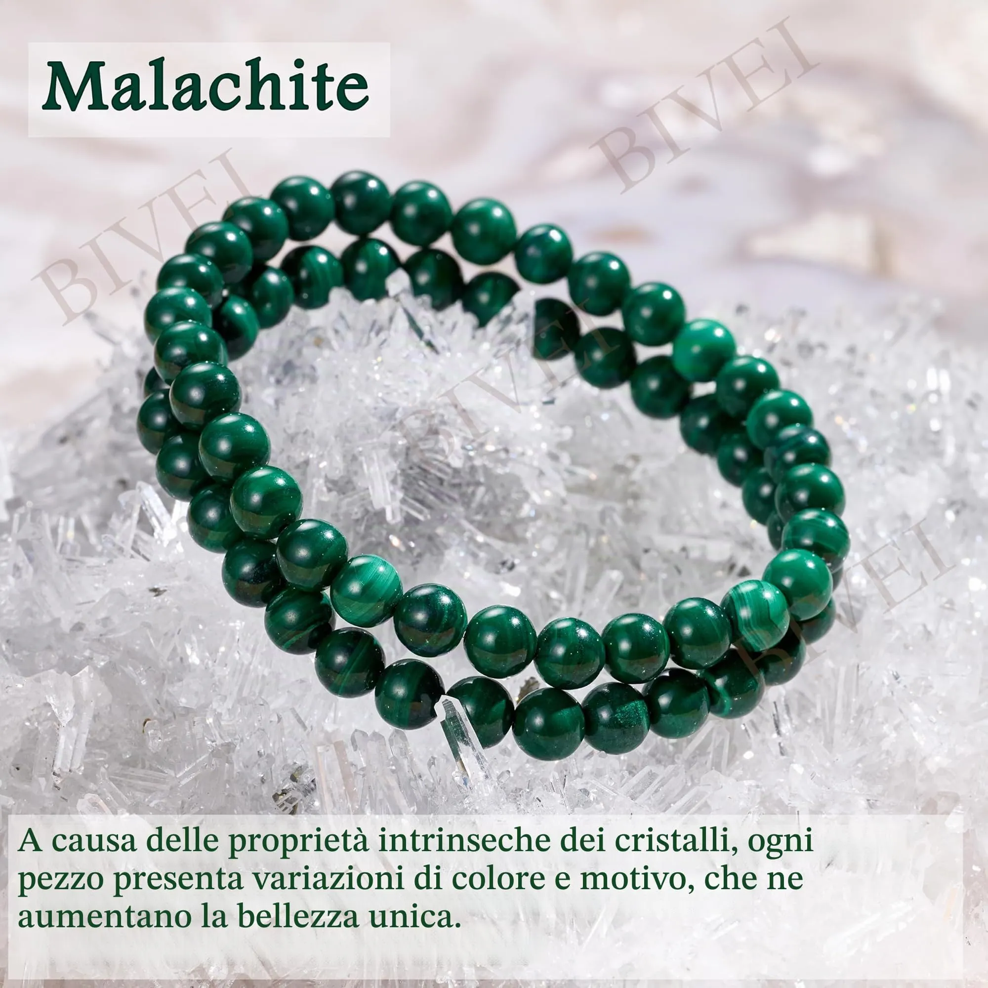Bivei Malachite Braccialetto in Cristallo Naturale 6mm, 18.5cm - immagine 5