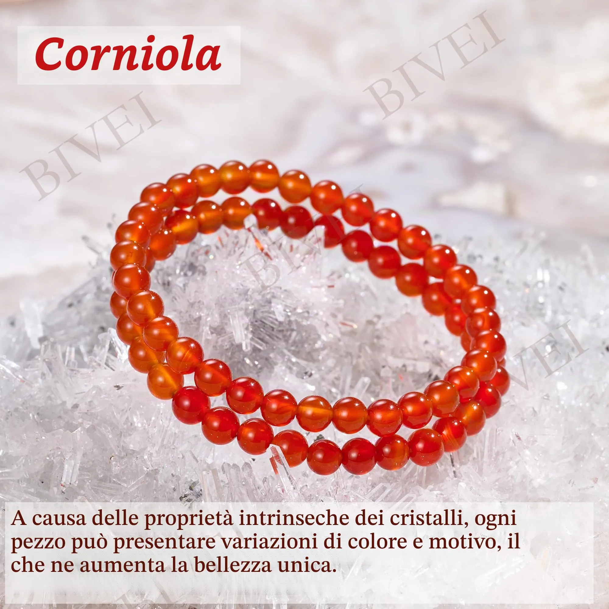 Bivei Braccialetto in Corniola Passione, perline di cristallo naturale 6mm, elastico, 18.5cm - immagine 5