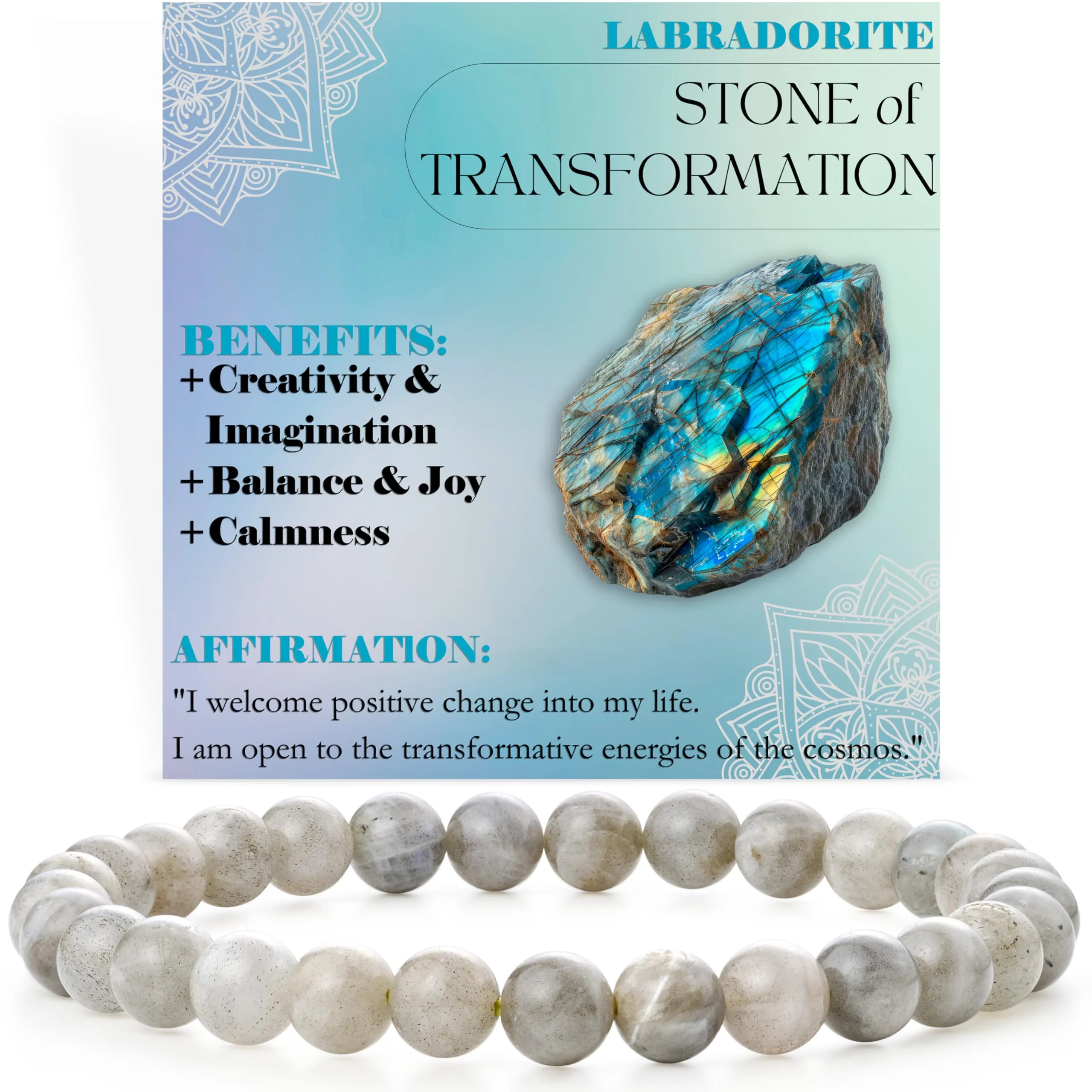 Bivei Labradorite Natural Crystal Beaded Bracelet for Women, 6mm, 18.5cm - immagine 1