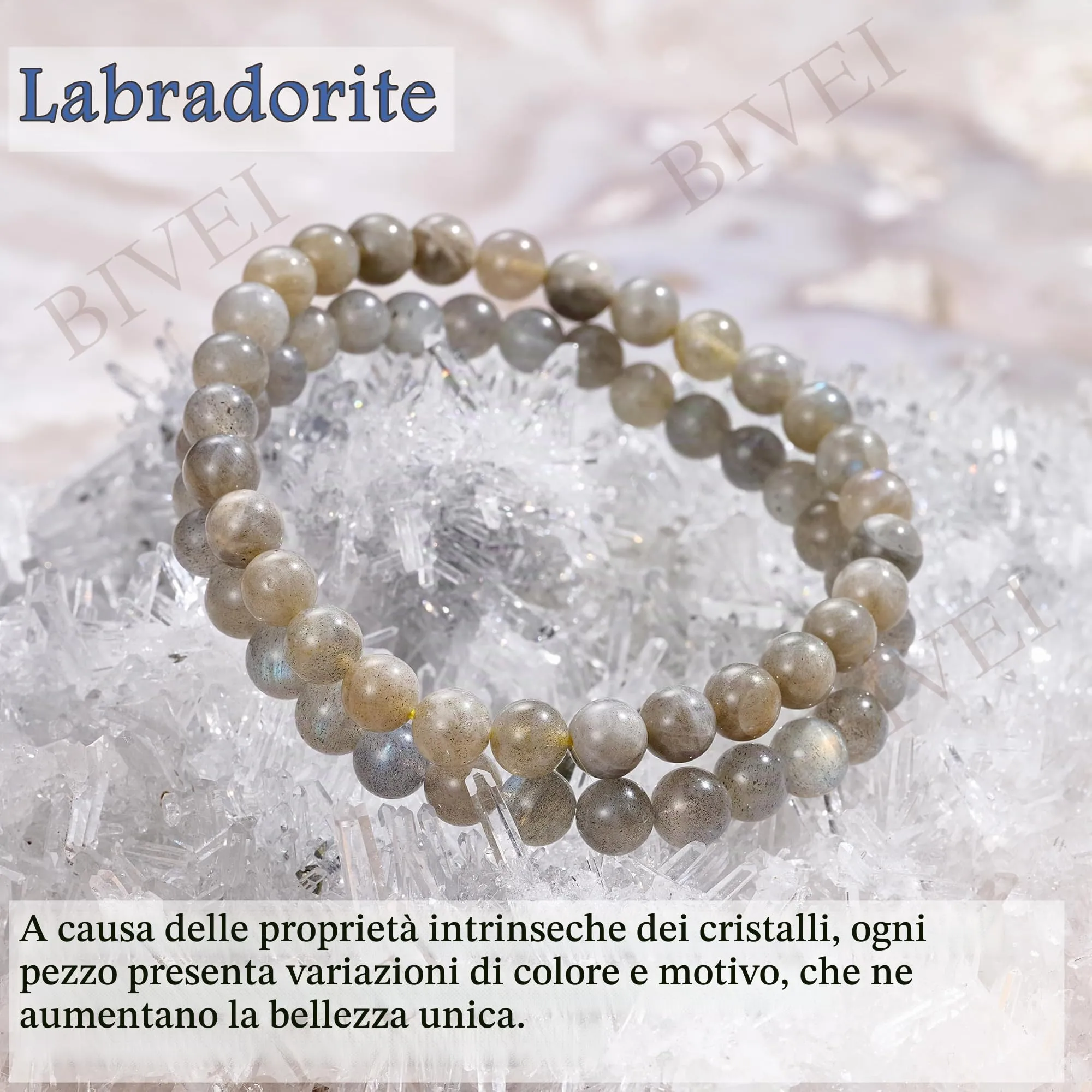 Bivei Labradorite Natural Crystal Beaded Bracelet for Women, 6mm, 18.5cm - immagine 5