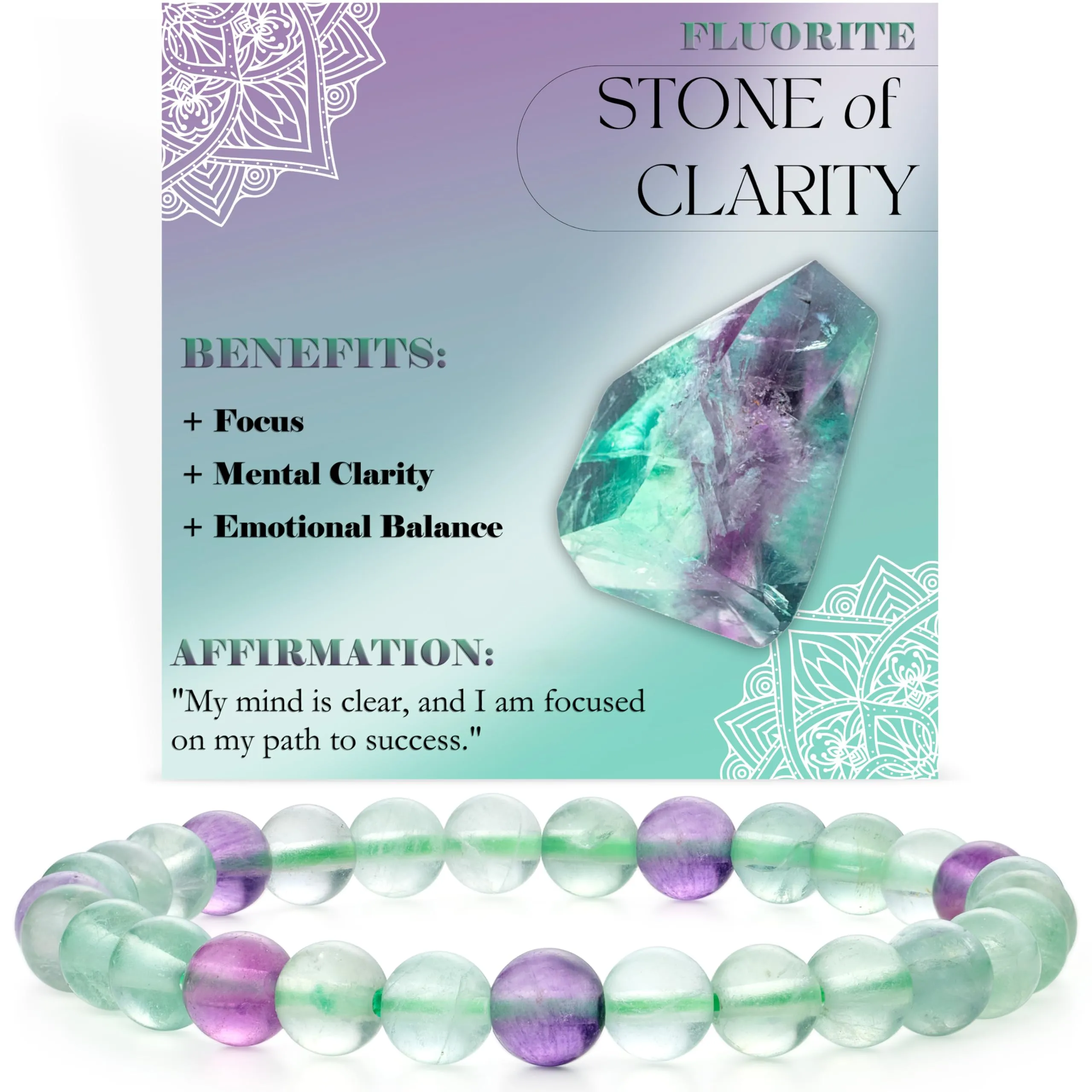 Bivei Braccialetto in Fluorite Naturale, Perline 6mm, Elastico, 18.5cm - immagine 1