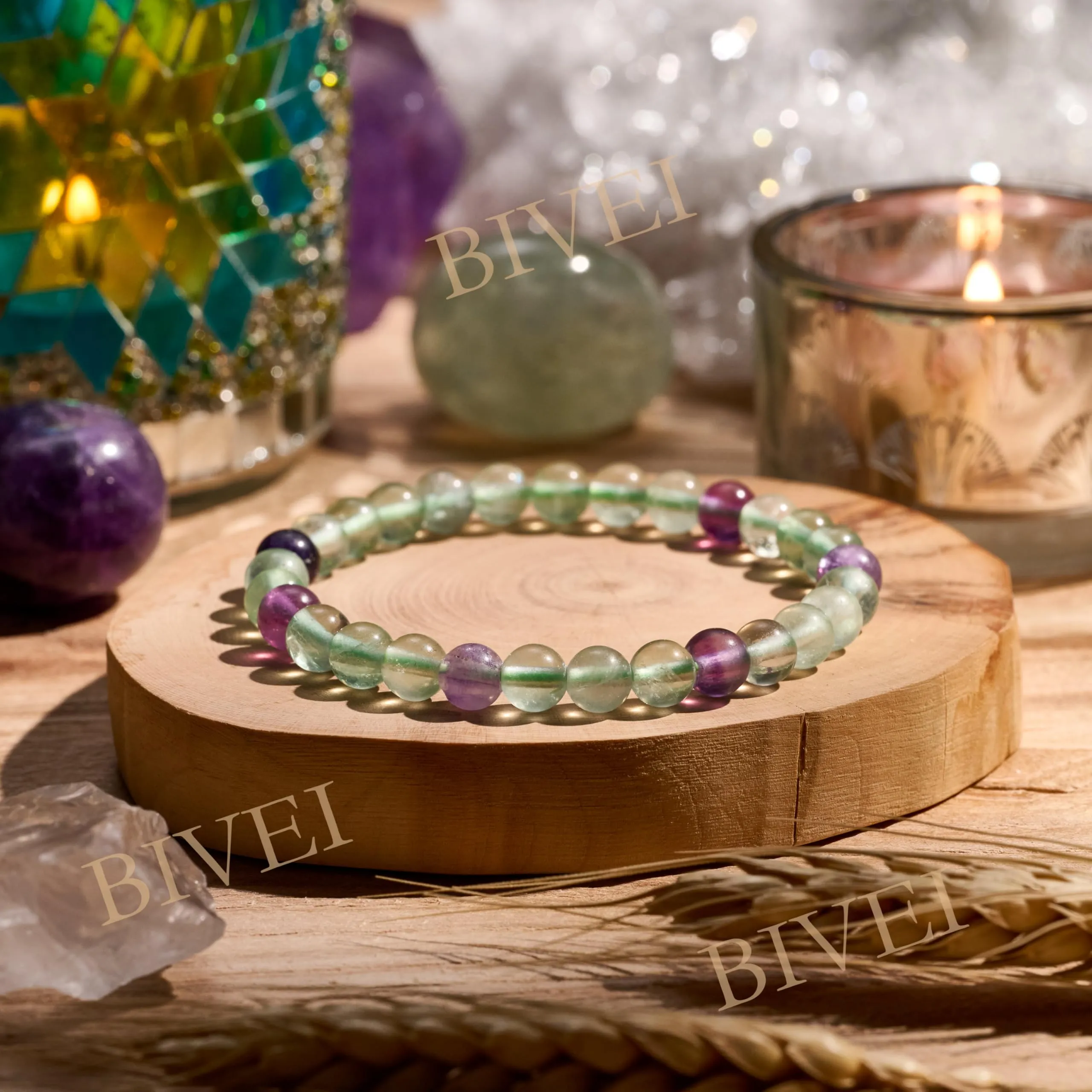 Bivei Braccialetto in Fluorite Naturale, Perline 6mm, Elastico, 18.5cm - immagine 4