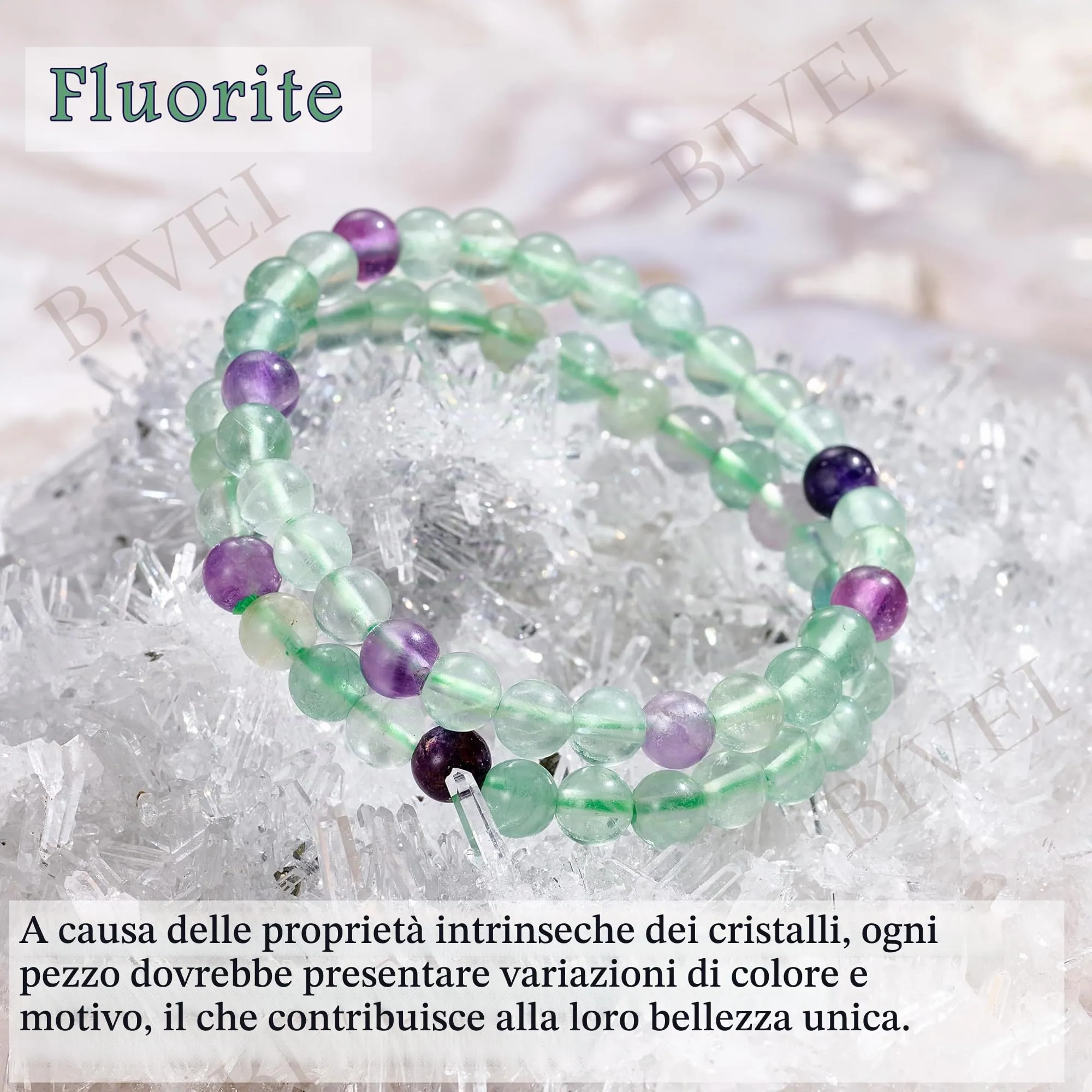 Bivei Braccialetto in Fluorite Naturale, Perline 6mm, Elastico, 18.5cm - immagine 5