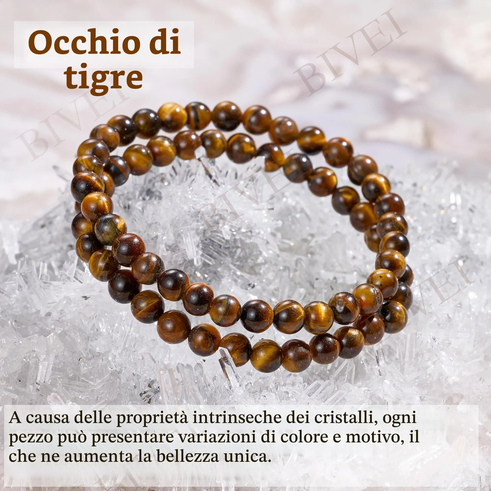 Bivei Braccialetto in Occhio di Tigre per Donna, Perline di Cristallo Naturale 6mm, Elastico, 21cm - immagine 4