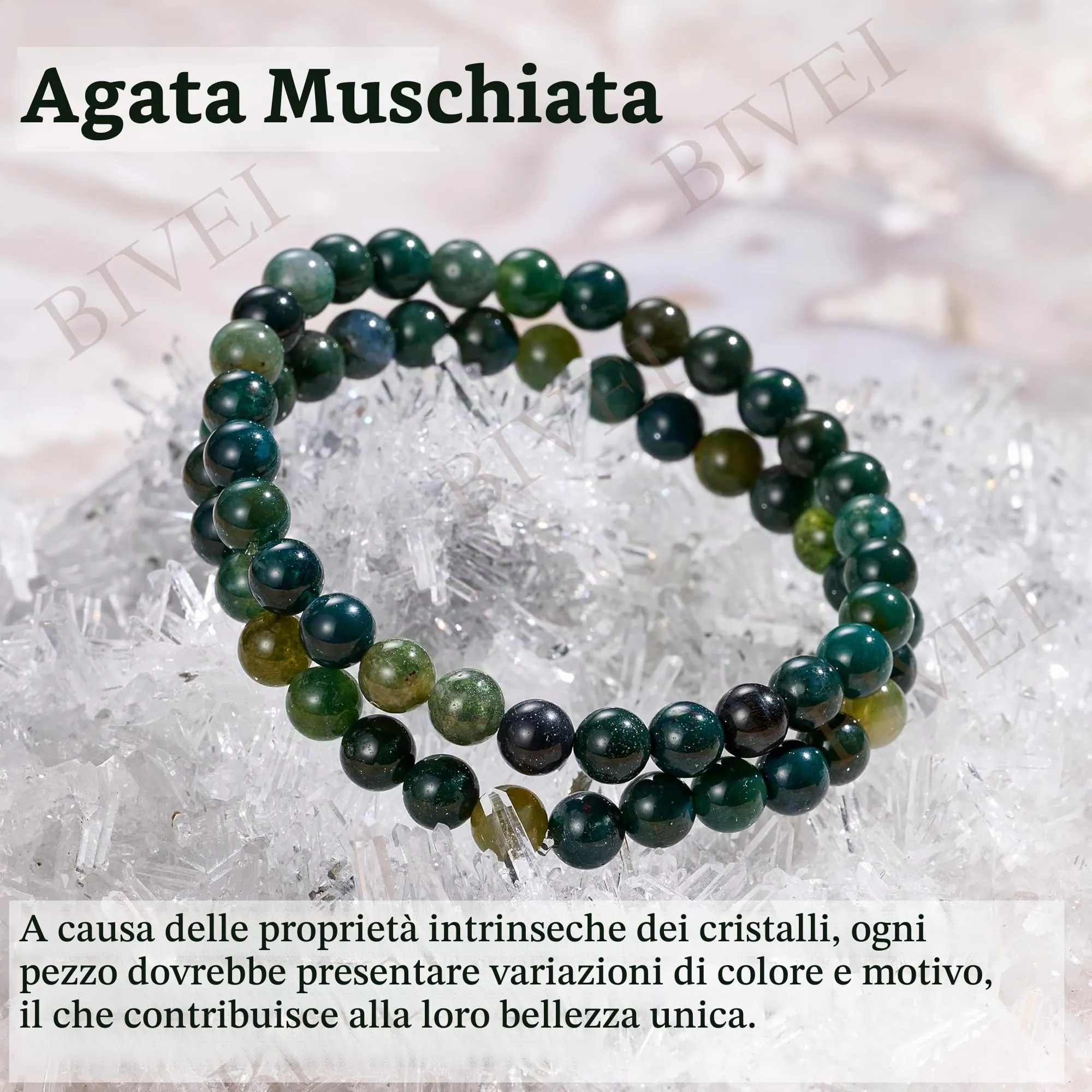 Bivei Braccialetto in Agata Muschiata, Perle di Cristallo Naturale 6mm, Elastico, 17cm - immagine 4