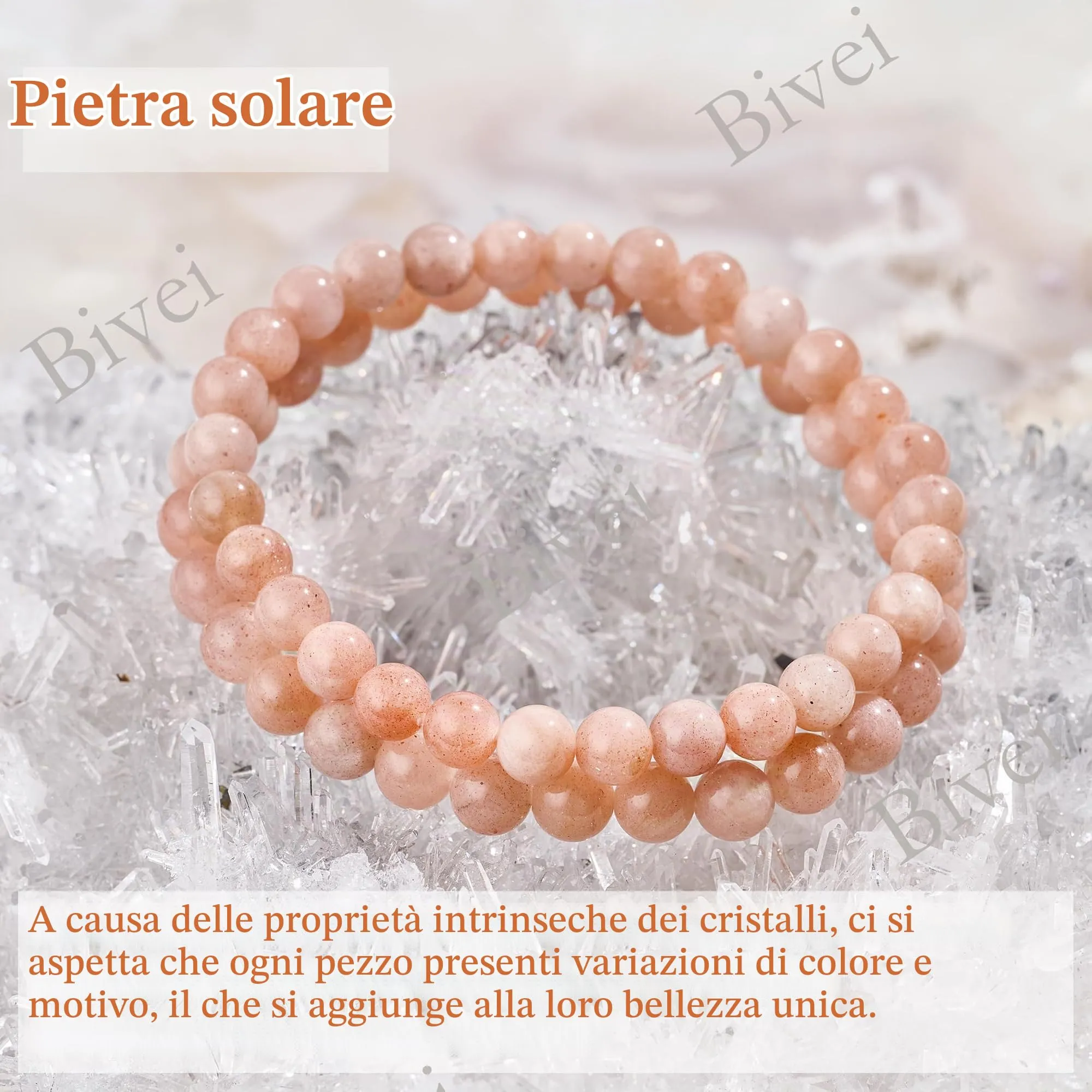 Bivei Braccialetto in Pietra del Sole, Perline di Cristallo Naturale 6mm, Elastico, 18.5cm - immagine 5