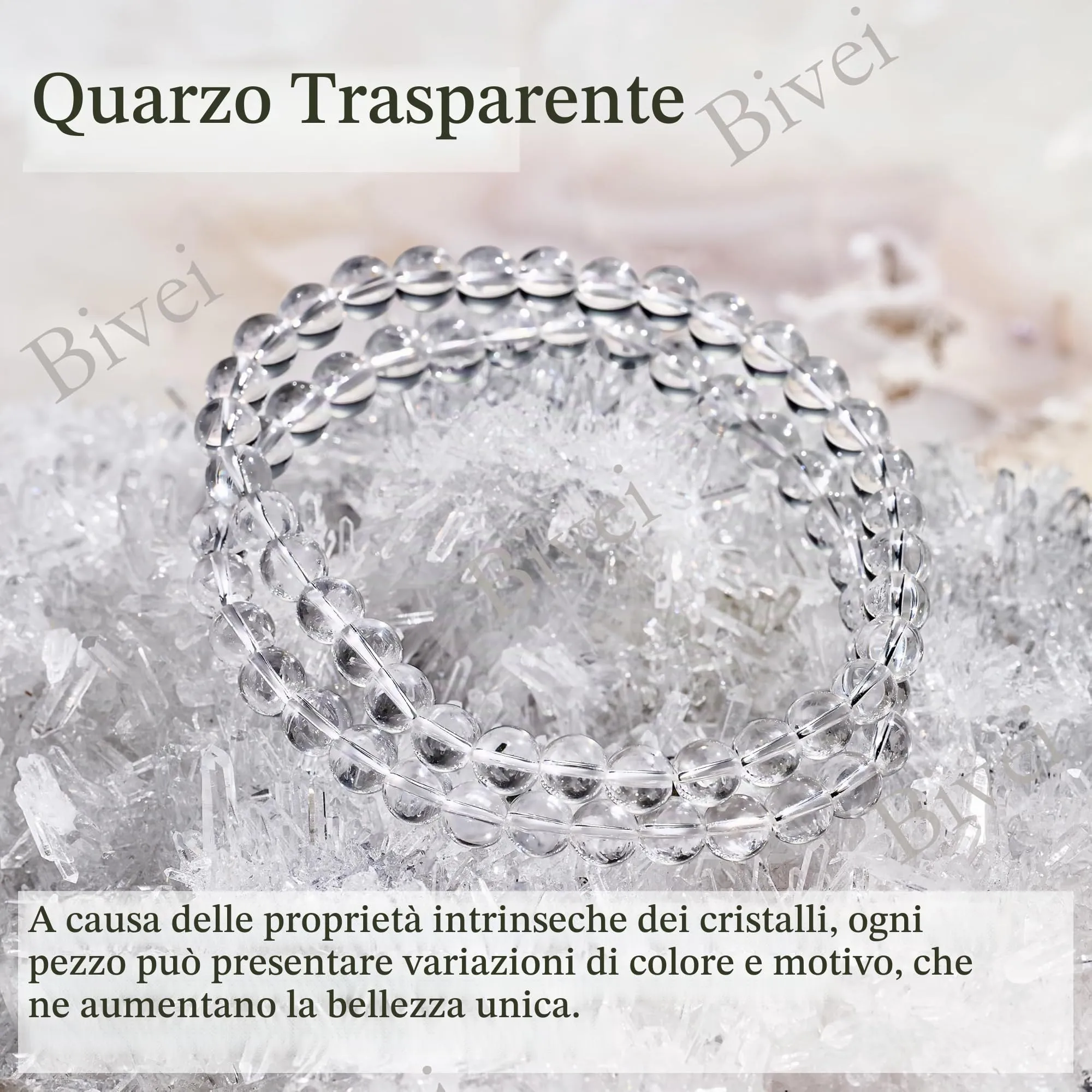 Bivei Braccialetto in Quarzo Chiaro, Perle di Cristallo Naturale 6mm, Elastico, 18.5cm - immagine 5