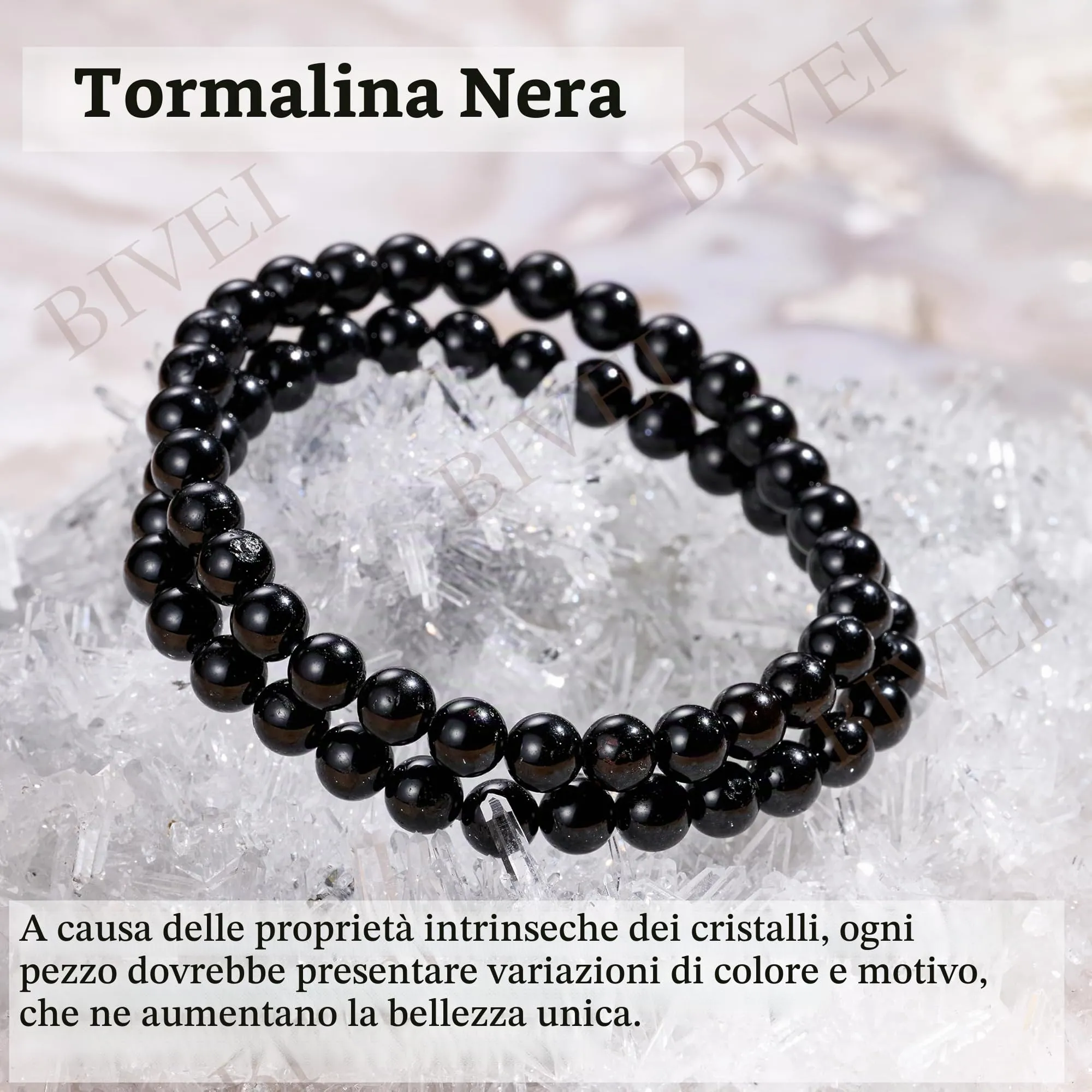 Bivei Braccialetto in Tormalina Nera, Perline in Cristallo Naturale 6mm, Elastico, 21cm - immagine 5