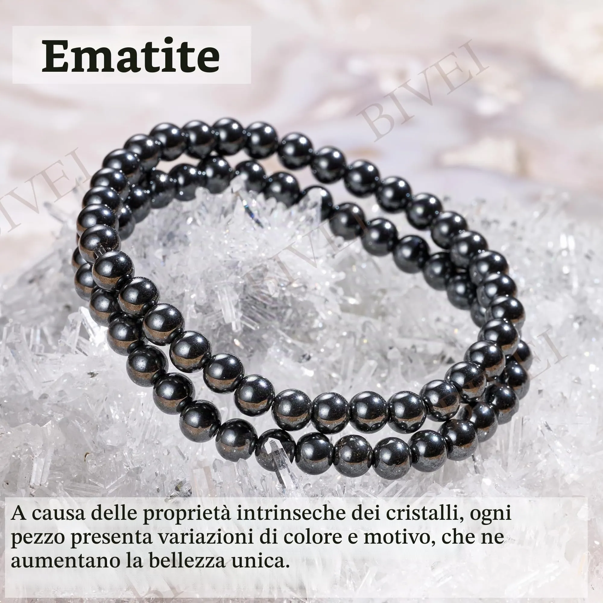 Bivei Braccialetto in Ematite, Perline di Cristallo Naturale 6mm, Elastico, 21cm - immagine 5