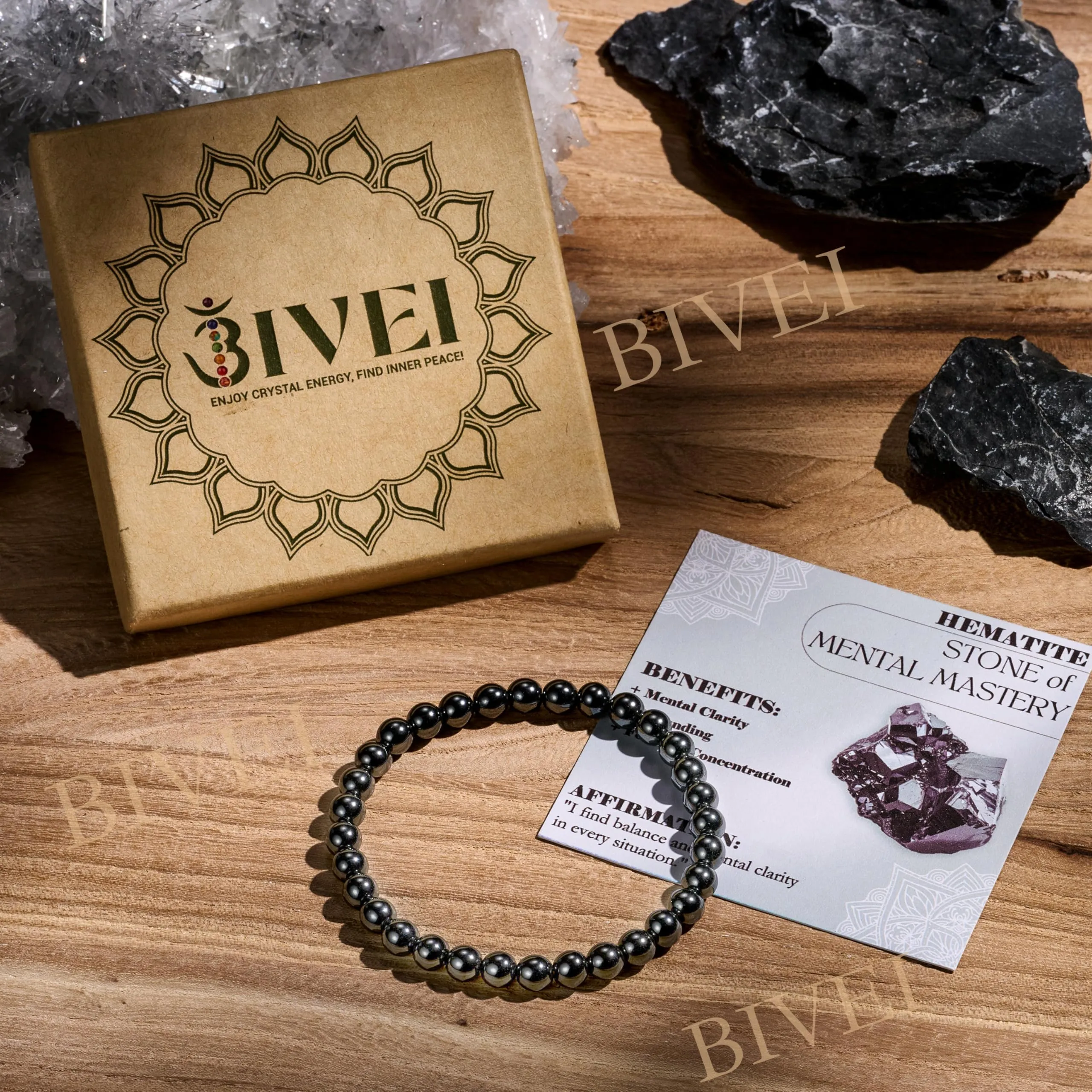 Bivei Braccialetto in Ematite, Perline di Cristallo Naturale 6mm, Elastico, 21cm - immagine 6