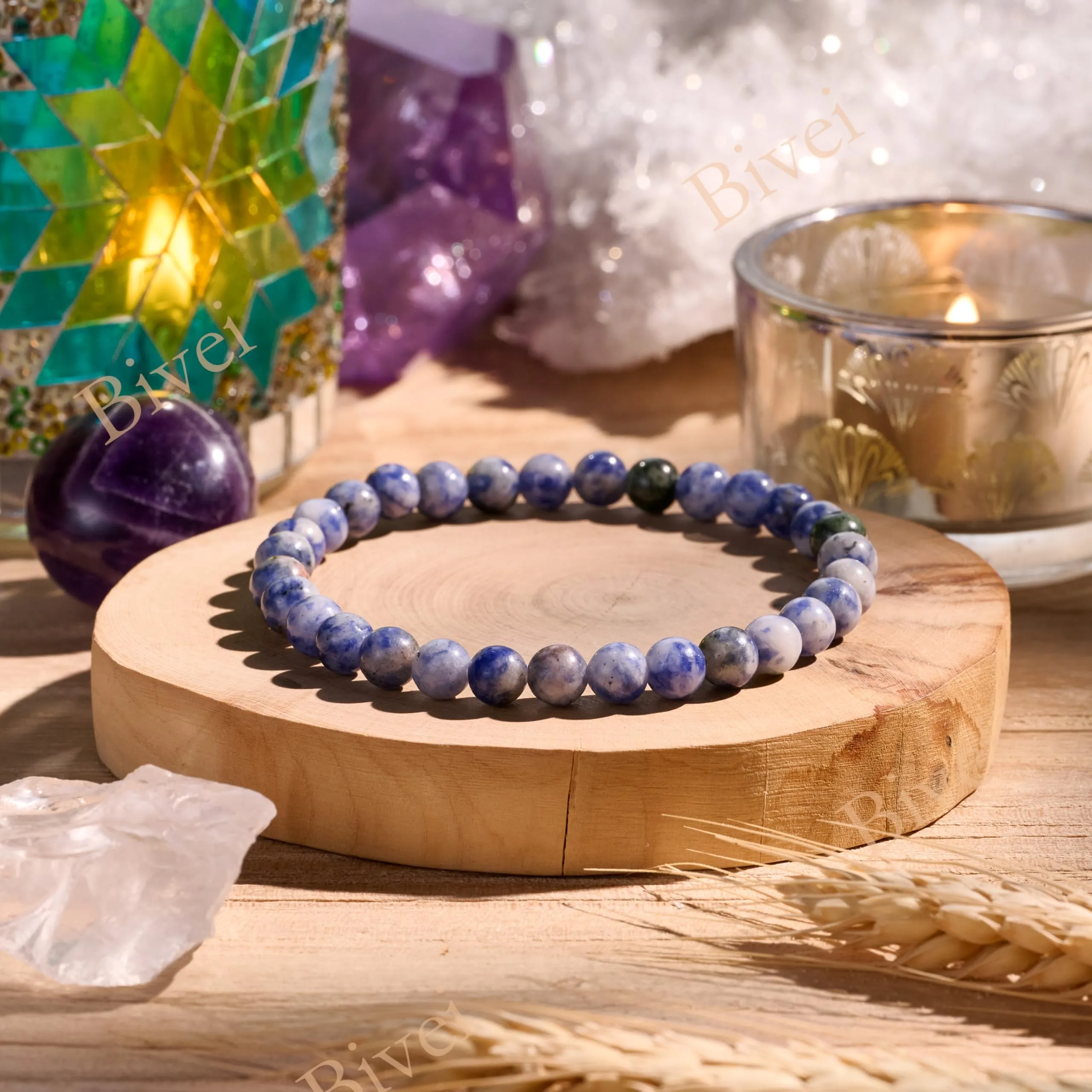 Bivei Braccialetto in Jaspe Tacheté Blu Flusso Calmo, perline 6mm in cristallo naturale elastico per donna - immagine 4