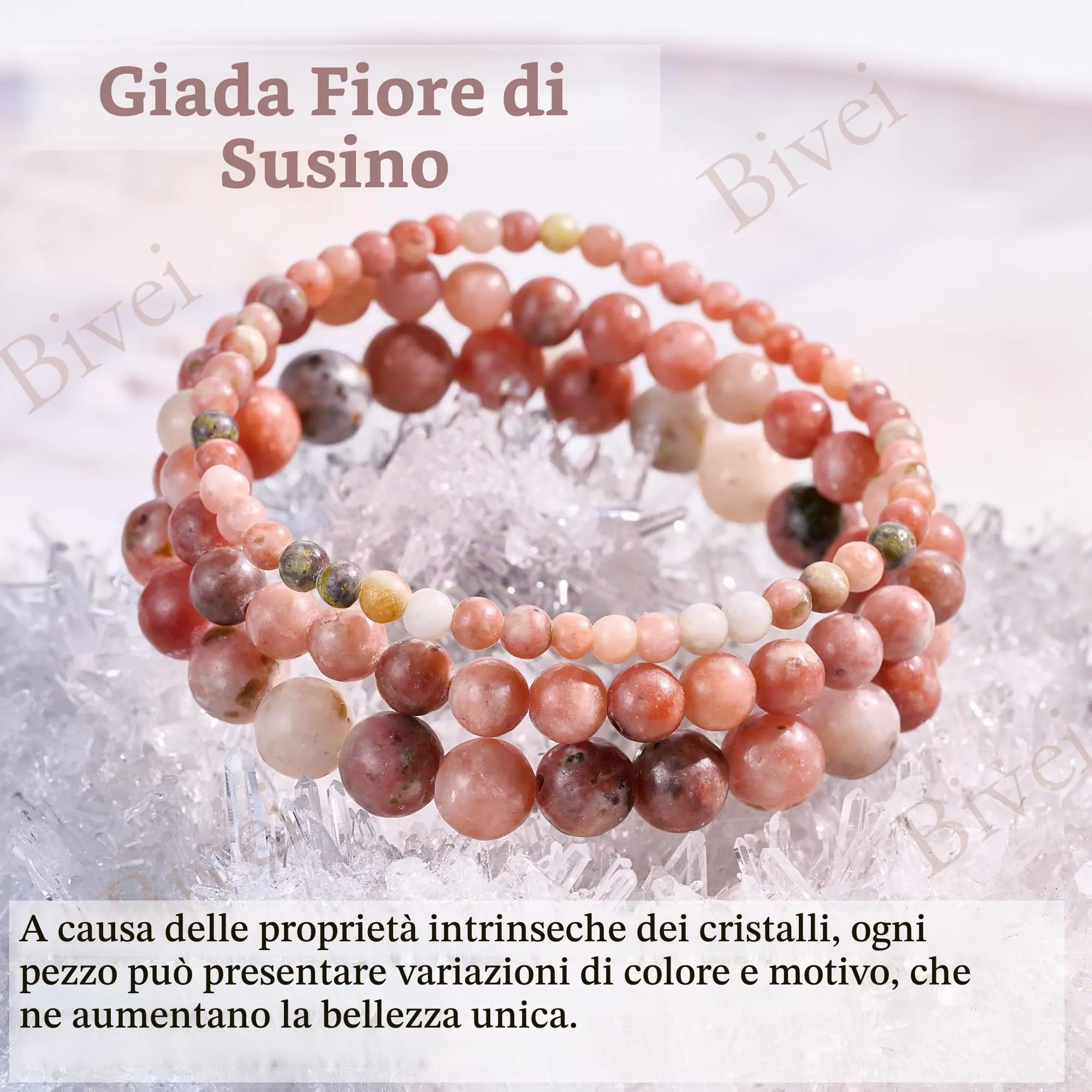 Bivei Jade Fiore di Prugno Braccialetto in Cristallo Naturale 6mm Elastico - immagine 5