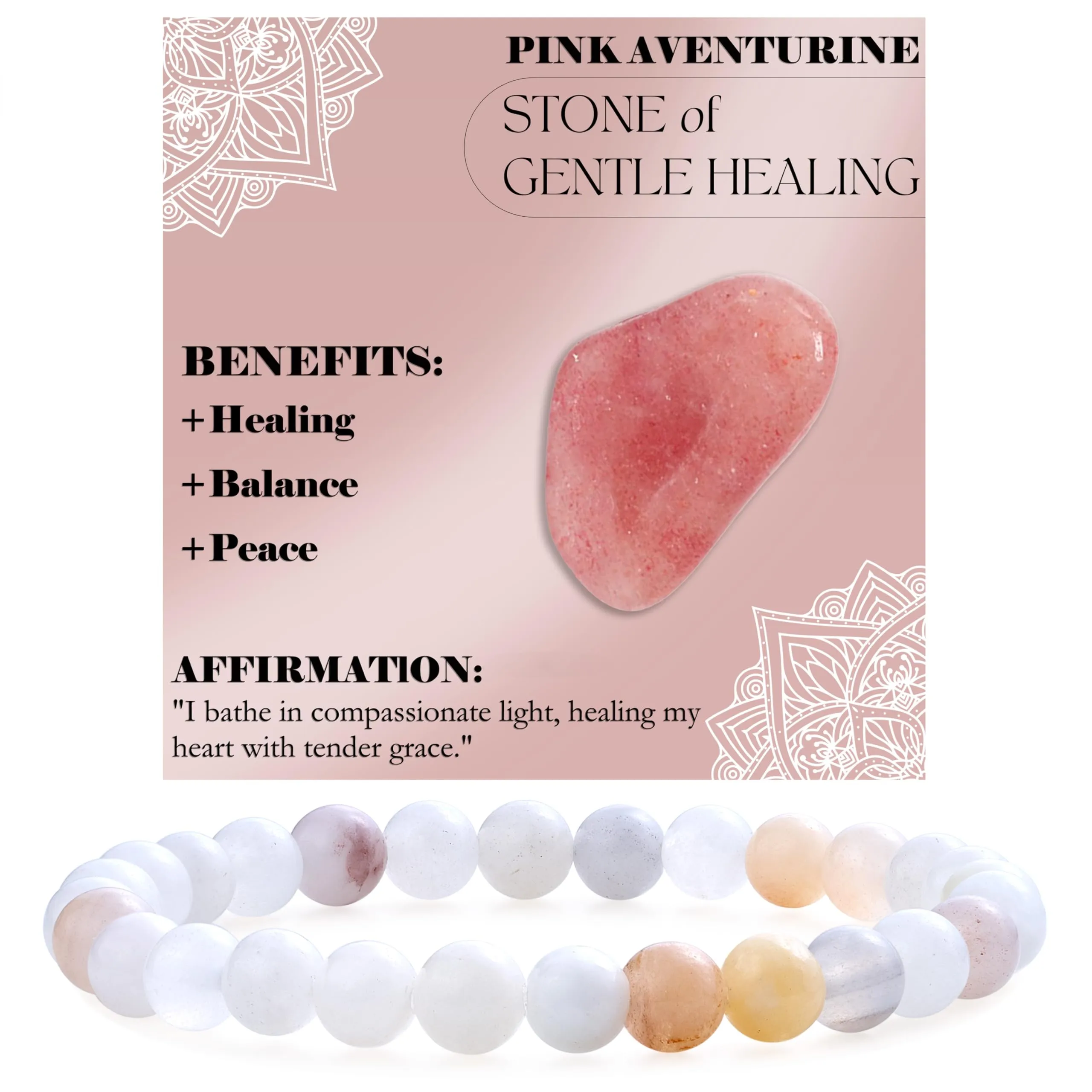 Bivei Amore Dolce Braccialetto in Aventurina Rosa, Perline di Cristallo Naturale 6mm, Elastico - immagine 1