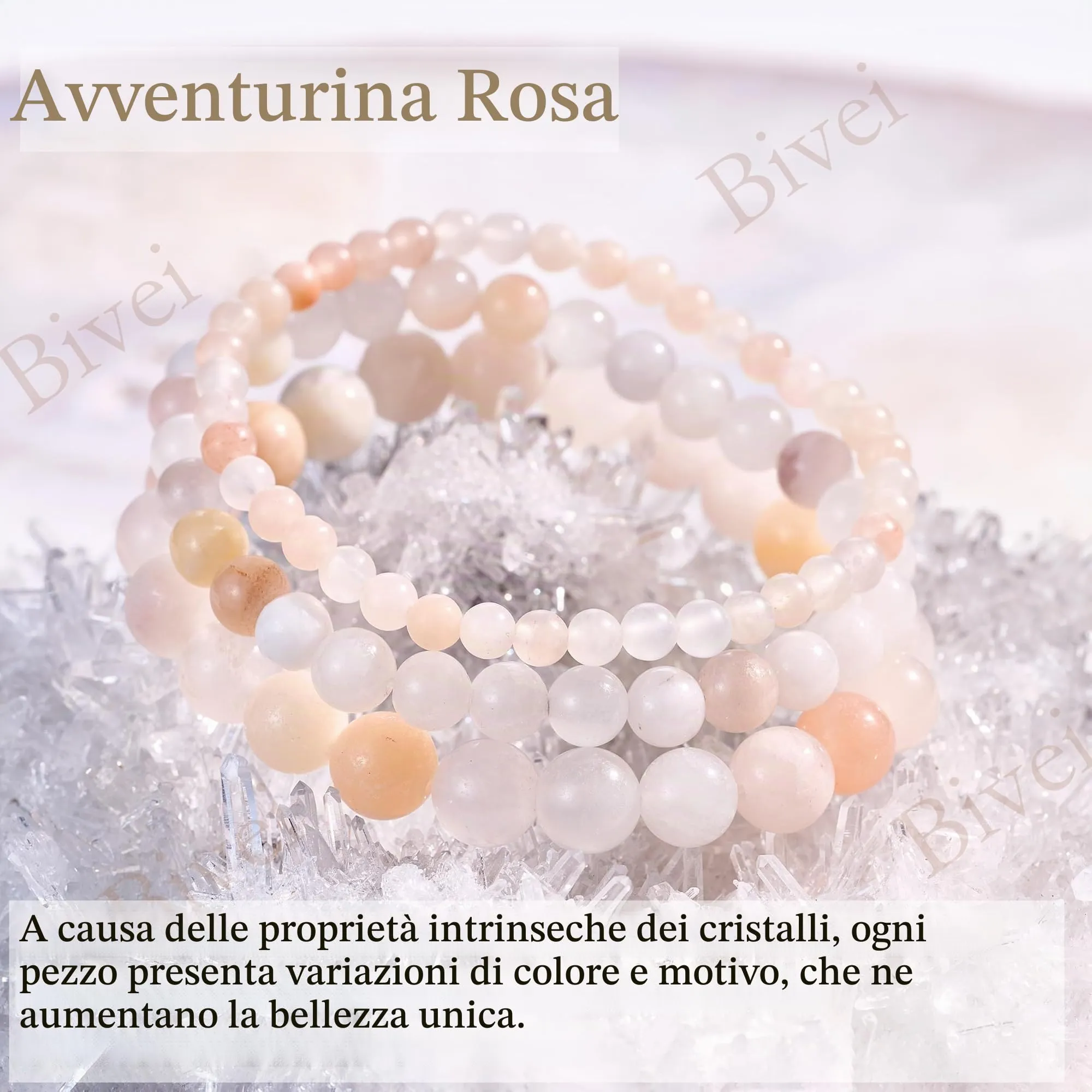 Bivei Amore Dolce Braccialetto in Aventurina Rosa, Perline di Cristallo Naturale 6mm, Elastico - immagine 5