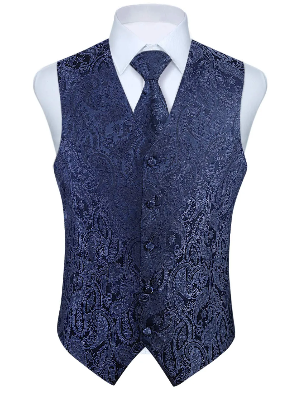 HISDERN Gilet da uomo Paisley Jacquard con Cravatta e Fazzoletto, Blu Navy - immagine 1