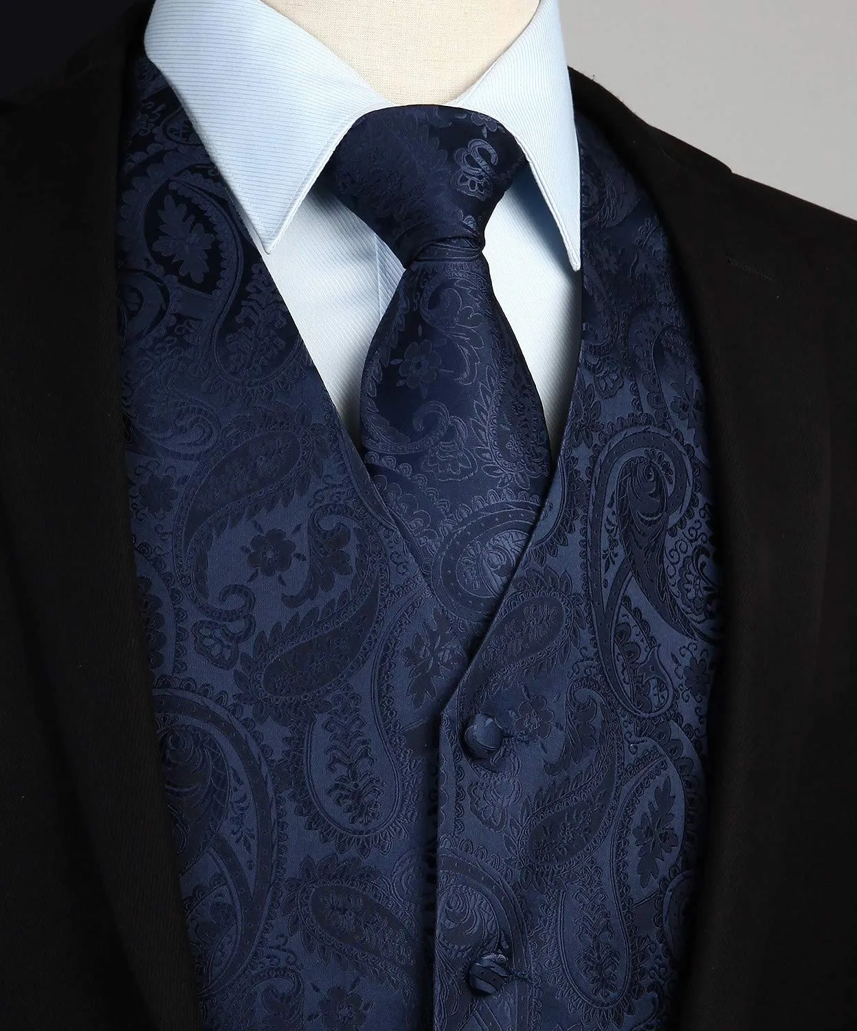 HISDERN Gilet da uomo Paisley Jacquard con Cravatta e Fazzoletto, Blu Navy - immagine 3