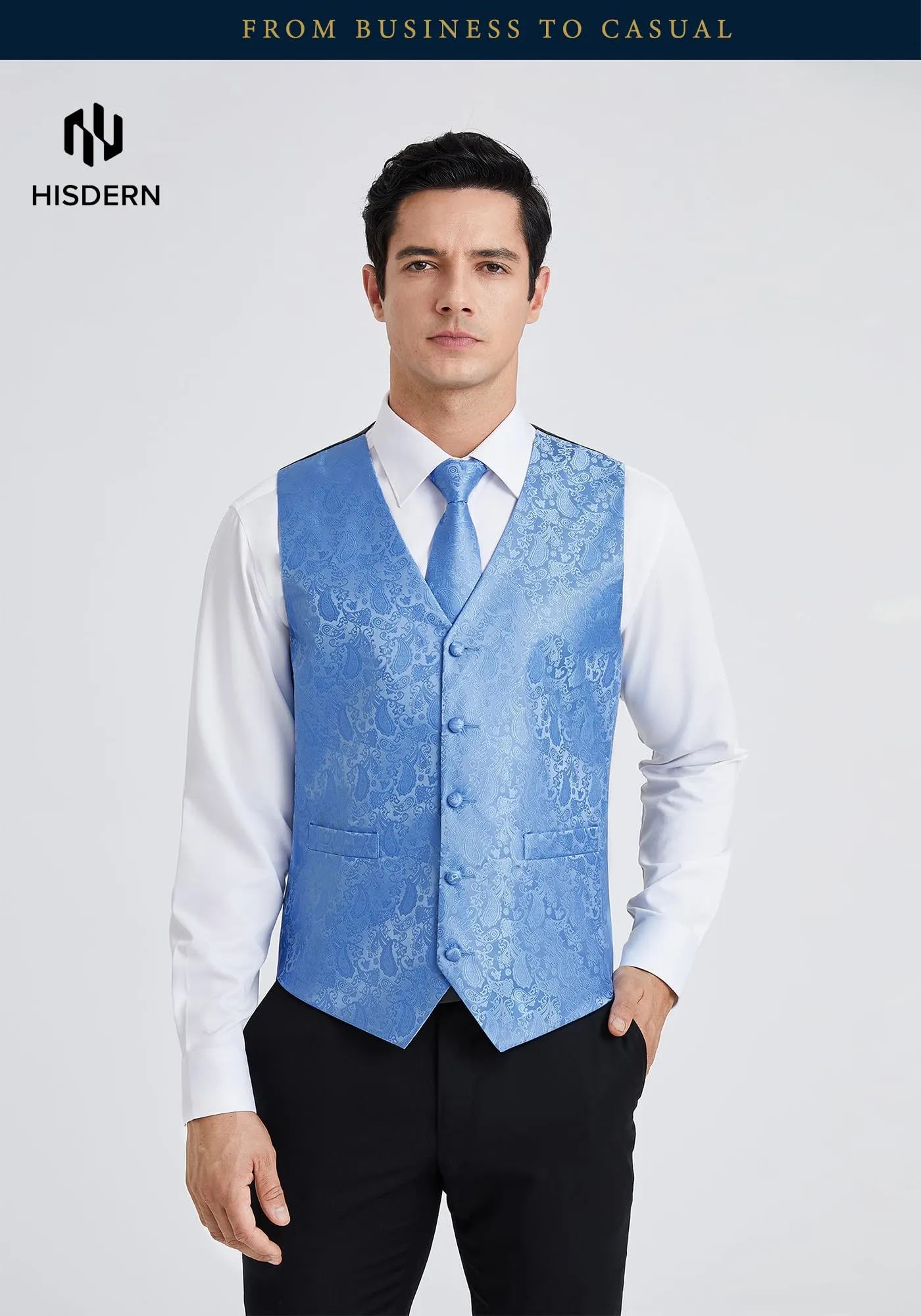 HISDERN Gilet da uomo Paisley Jacquard con cravatta e fazzoletto, Azzurro - immagine 2
