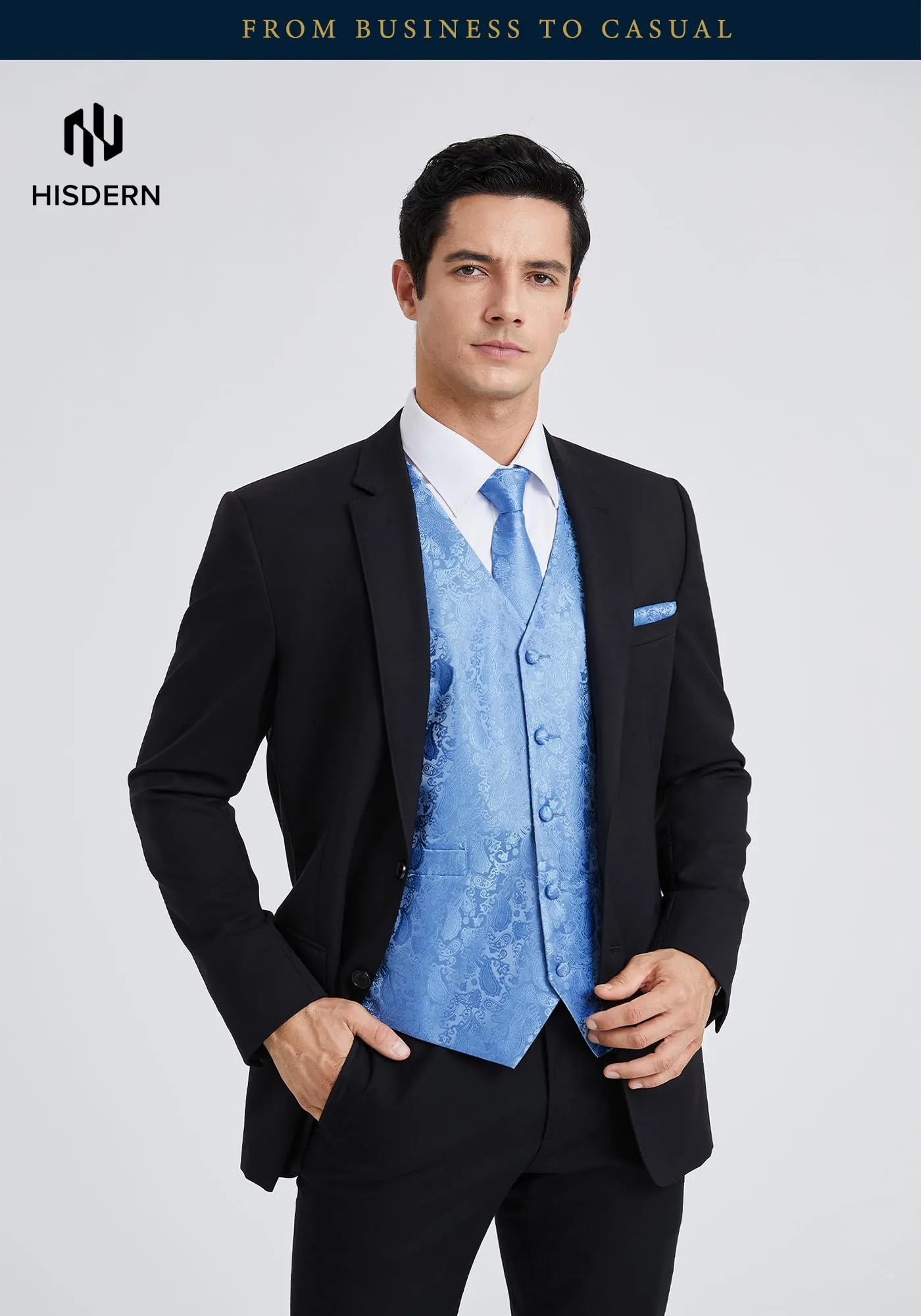 HISDERN Gilet da uomo Paisley Jacquard con cravatta e fazzoletto, Azzurro - immagine 4