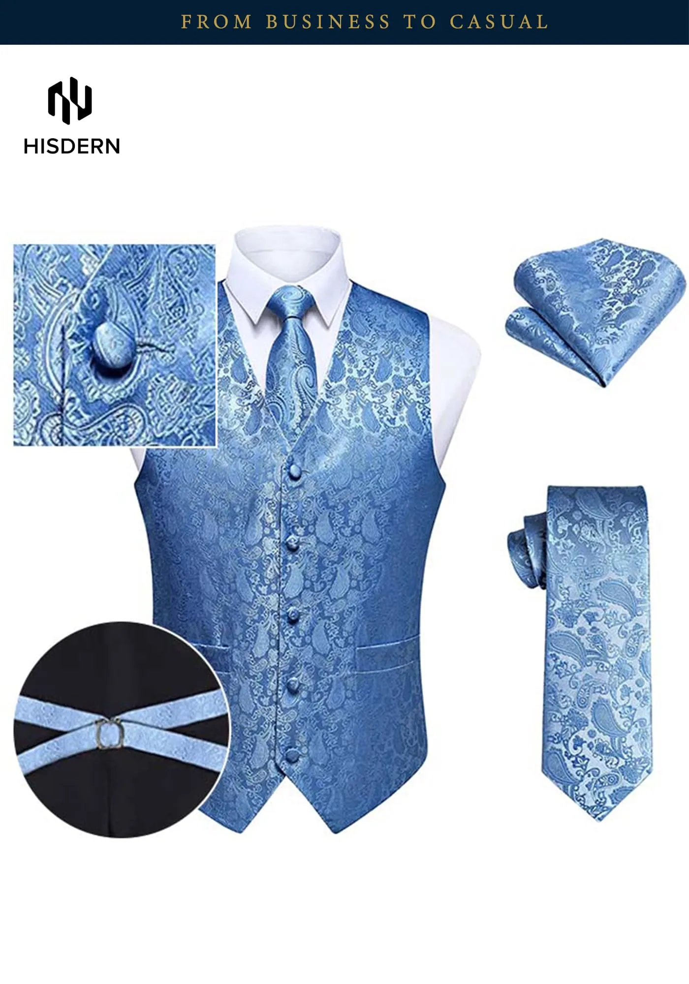 HISDERN Gilet da uomo Paisley Jacquard con cravatta e fazzoletto, Azzurro - immagine 8