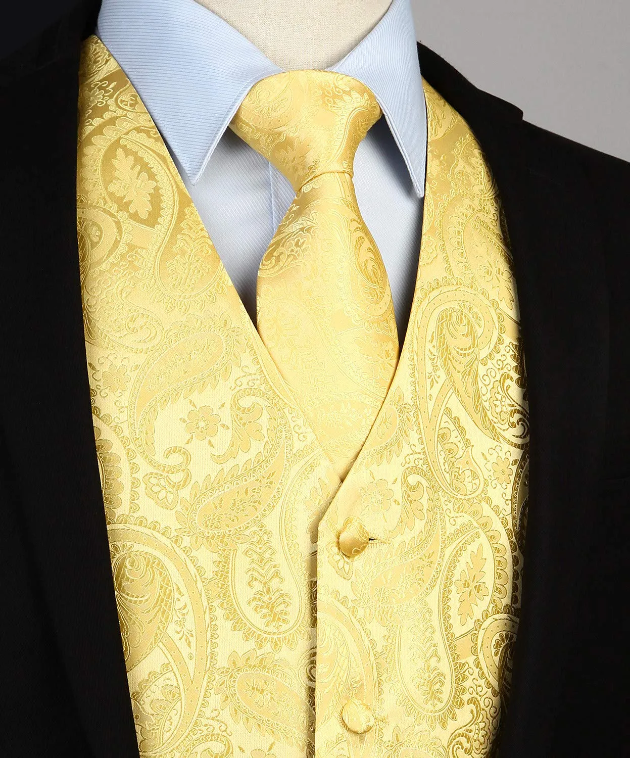 HISDERN Gilet da Uomo in Jacquard Paisley Giallo con Cravatta e Fazzoletto da Tasca - immagine 3