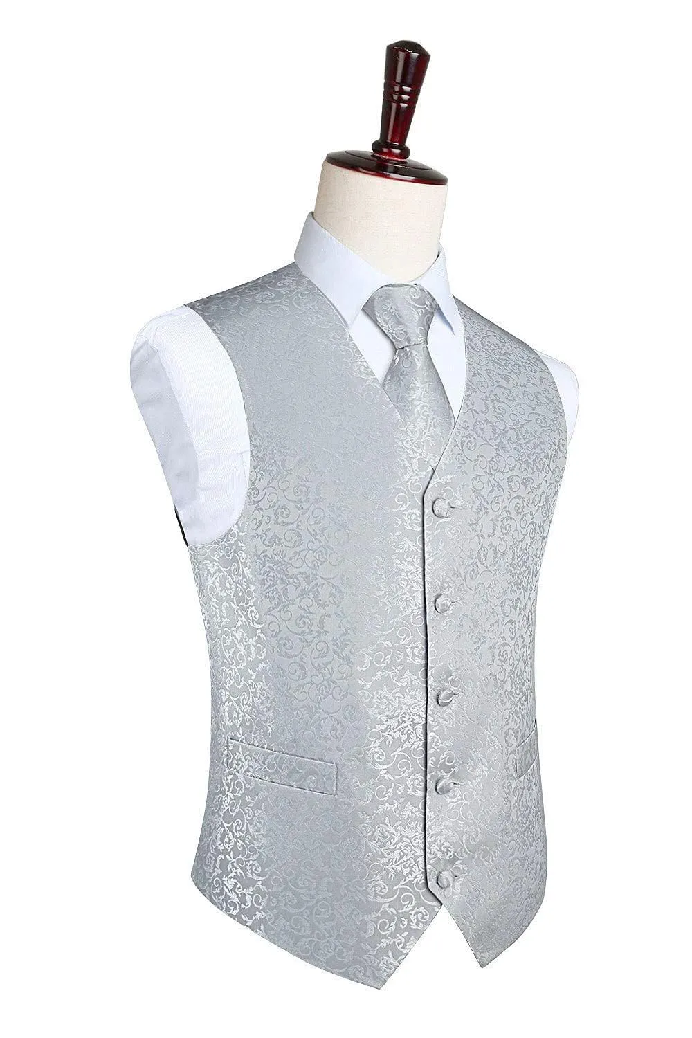 HISDERN Set Gilet e Cravatta Jacquard Paisley Grigio Argento, S - immagine 7
