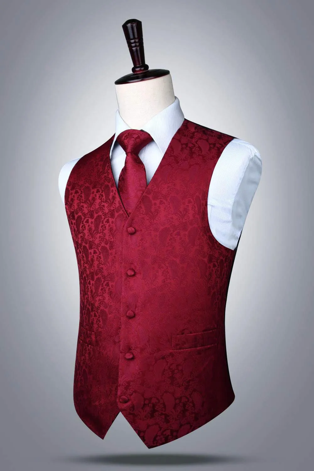 HISDERN Gilet da uomo Paisley jacquard con cravatta e fazzoletto, Borgogna - immagine 6