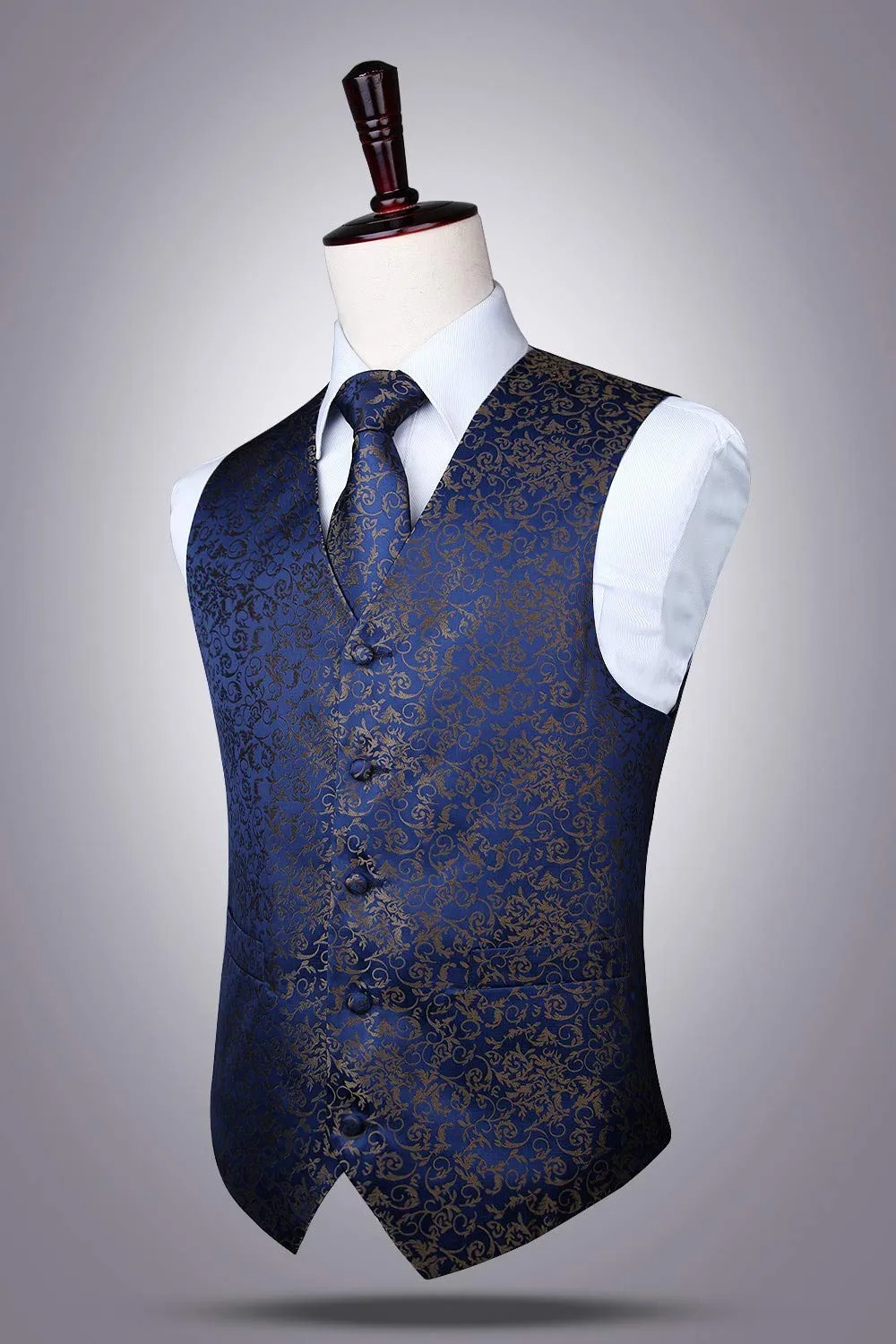 HISDERN Set Gilet, Cravatta e Fazzoletto Paisley Jacquard Blu Navy - immagine 6