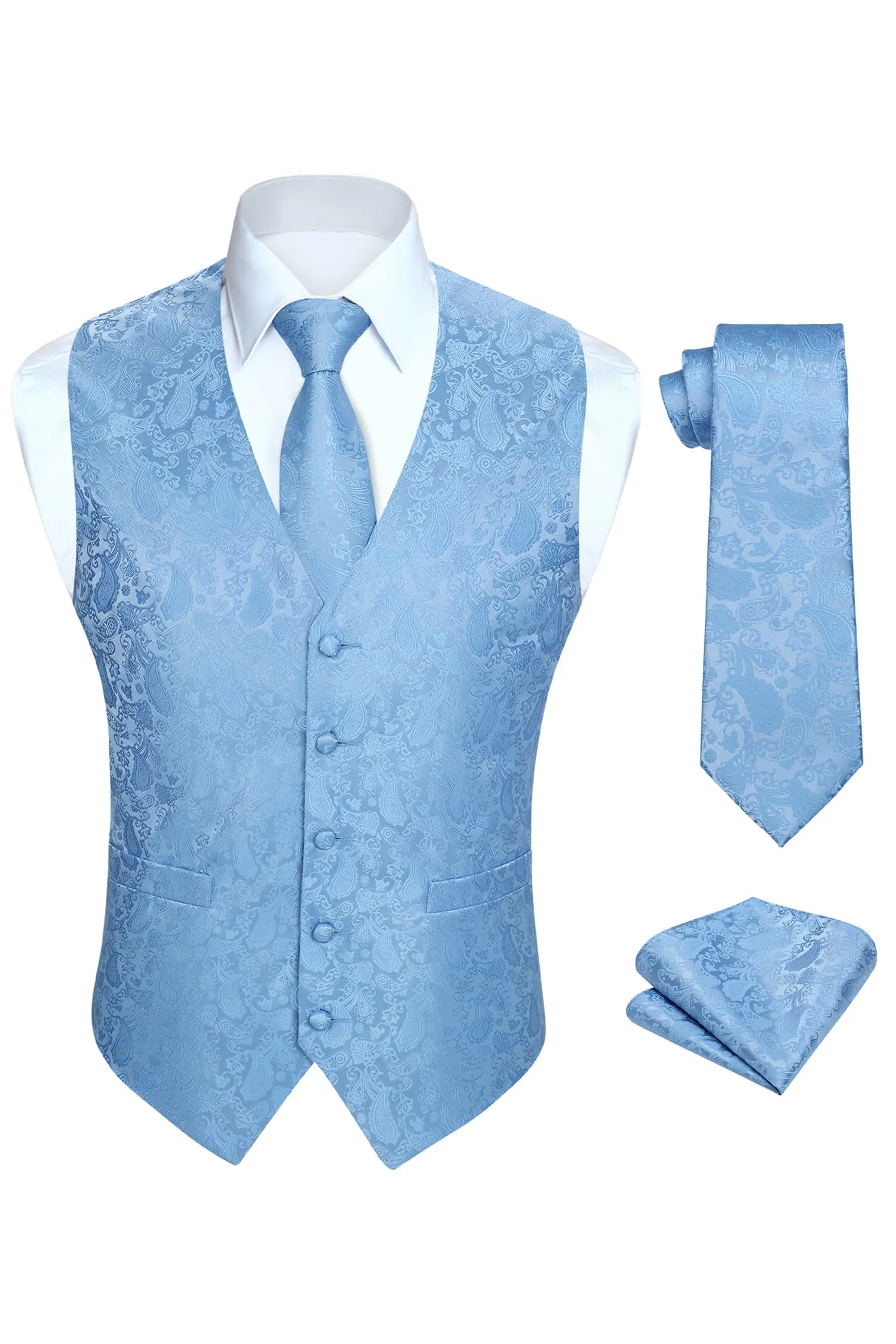 HISDERN Gilet da uomo Paisley jacquard con cravatta e fazzoletto, Azzurro - immagine 1