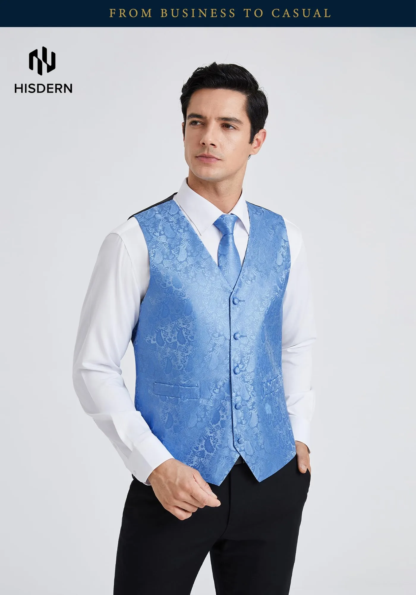 HISDERN Gilet da uomo Paisley jacquard con cravatta e fazzoletto, Azzurro - immagine 5