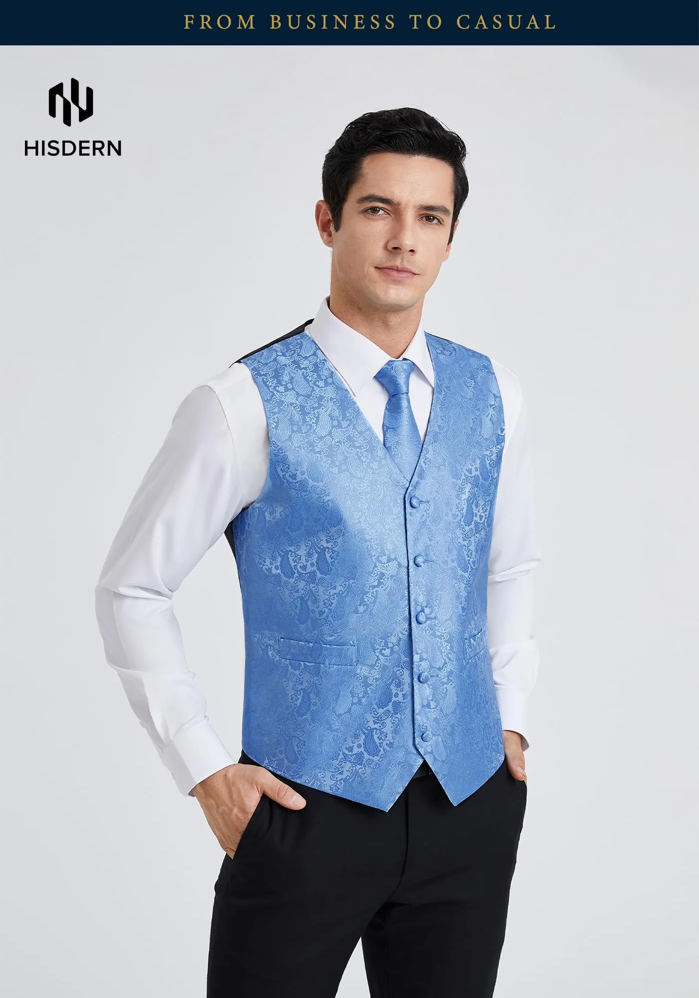 HISDERN Gilet da uomo Paisley jacquard con cravatta e fazzoletto, Azzurro - immagine 6