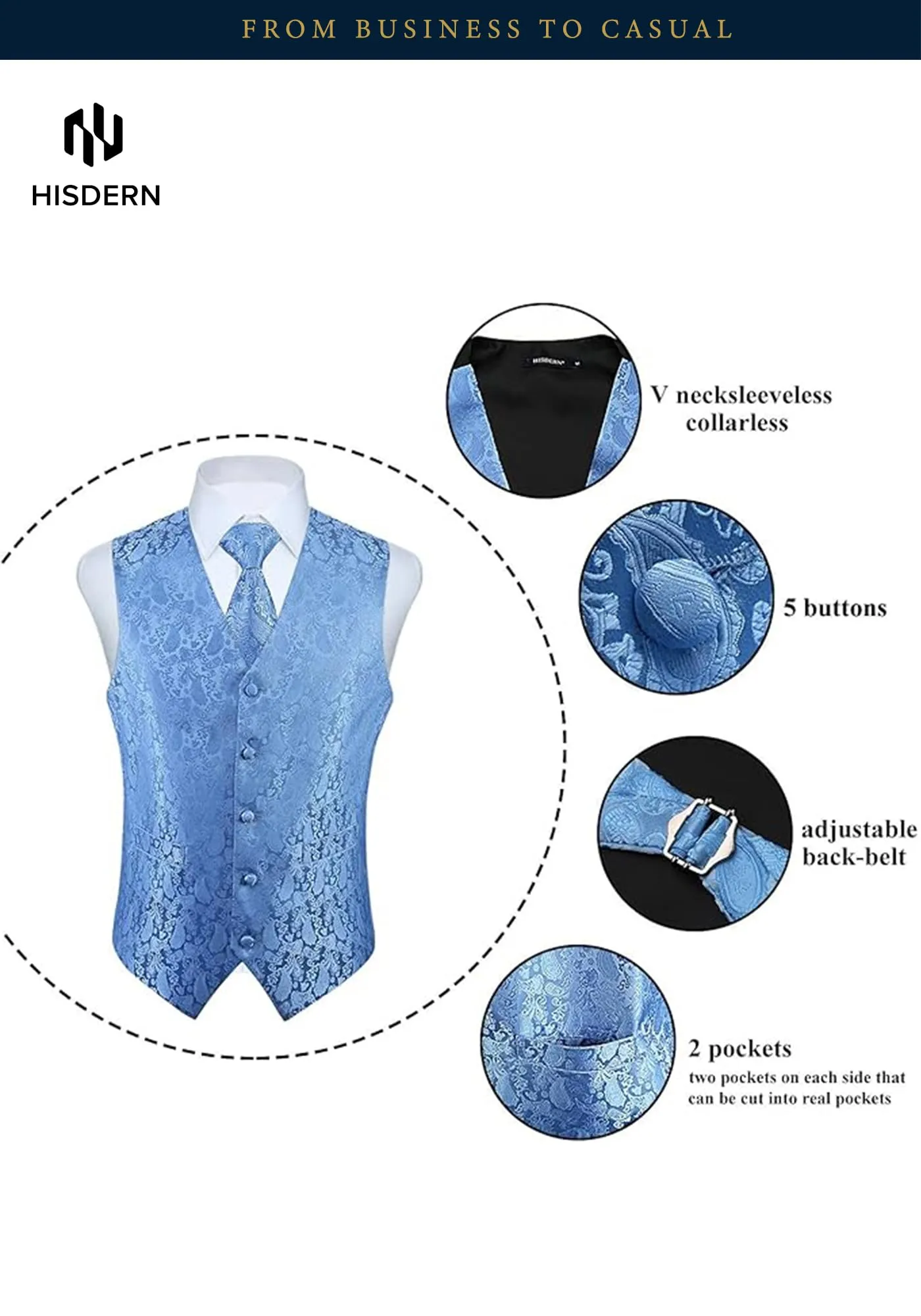 HISDERN Gilet da uomo Paisley jacquard con cravatta e fazzoletto, Azzurro - immagine 7