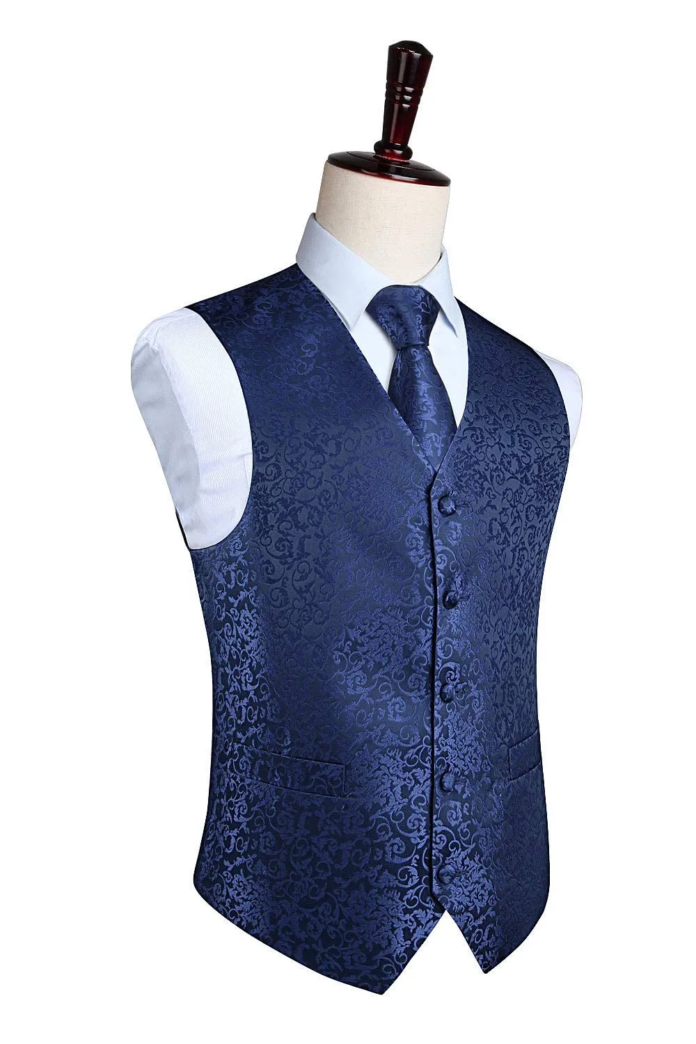 HISDERN Set Gilet e Cravatta Jacquard Paisley Blu Marina, 3XL - immagine 6