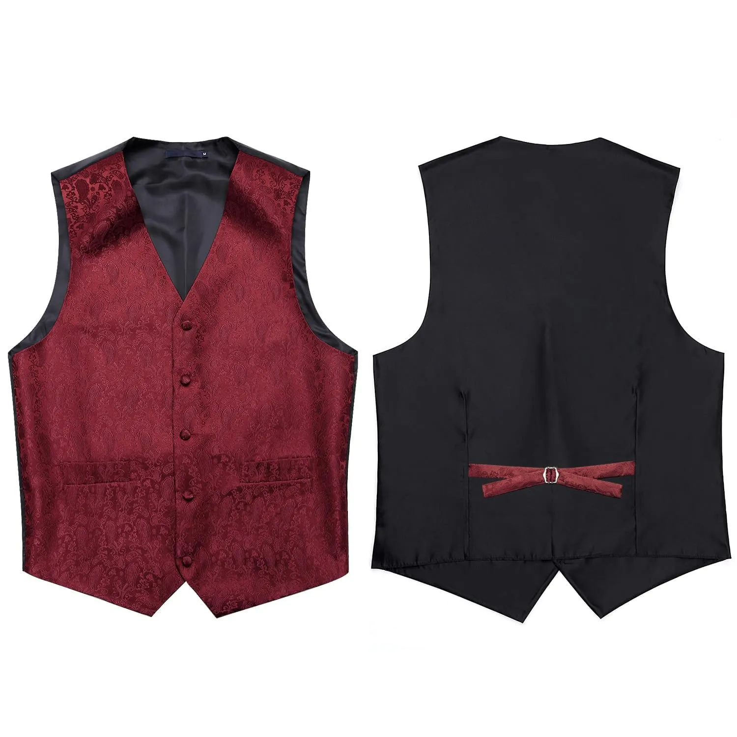 HISDERN Set Gilet da Uomo in Jacquard Paisley con Cravatta e Fazzoletto, Borgogna - immagine 3