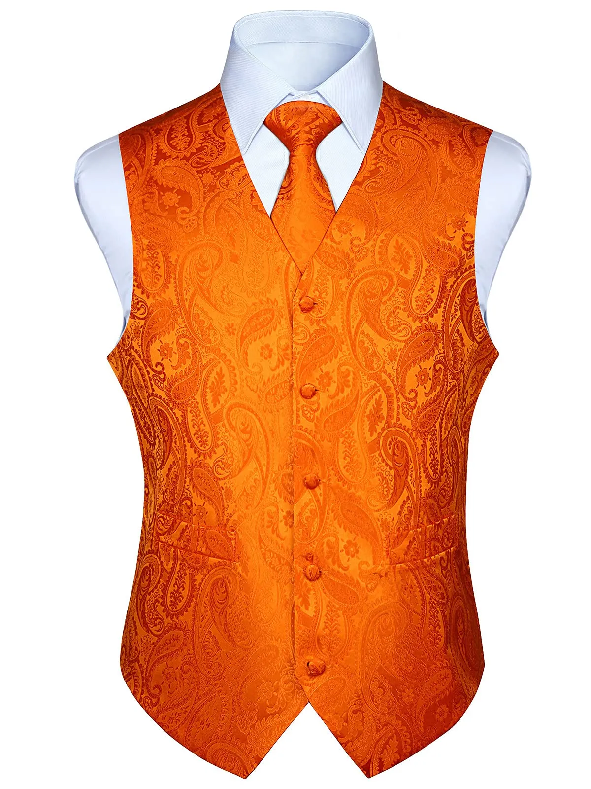 HISDERN Gilet da uomo Paisley Jacquard con Cravatta e Fazzoletto, Arancia - immagine 1