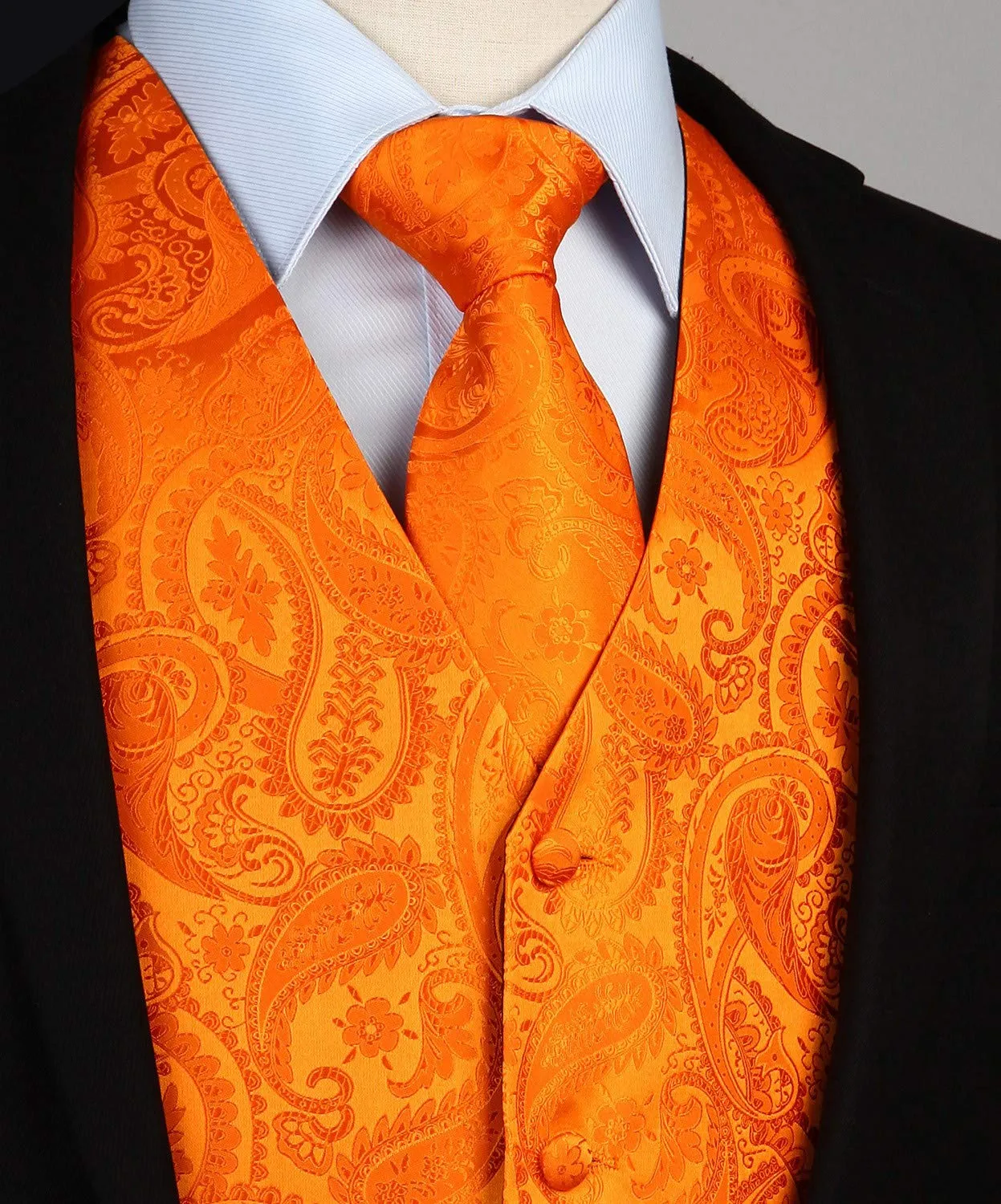HISDERN Gilet da uomo Paisley Jacquard con Cravatta e Fazzoletto, Arancia - immagine 3