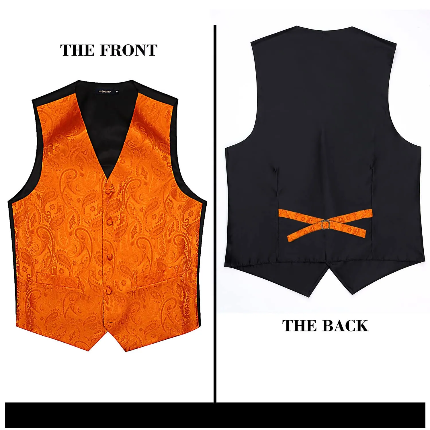 HISDERN Gilet da uomo Paisley Jacquard con Cravatta e Fazzoletto, Arancia - immagine 5