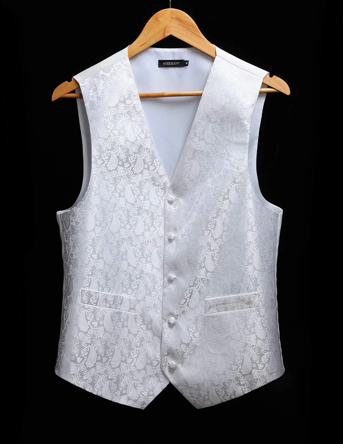 HISDERN Set Gilet da Uomo in Jacquard Paisley Floreale con Cravatta e Fazzoletto - Bianco - immagine 7