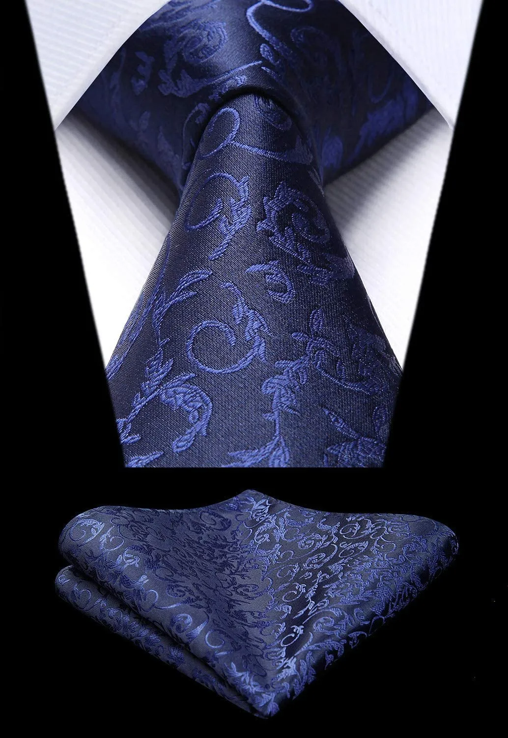 HISDERN Set Gilet e Cravatta Jacquard Paisley Blu Marina e Argento - immagine 2