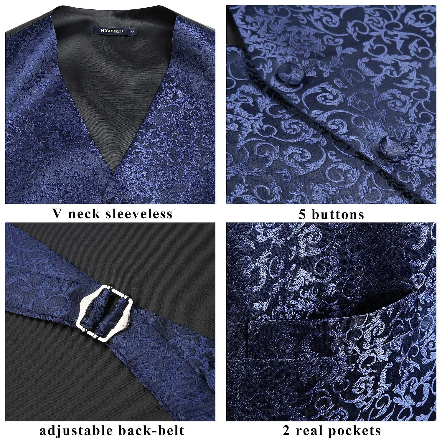 HISDERN Set Gilet e Cravatta Jacquard Paisley Blu Marina e Argento - immagine 4