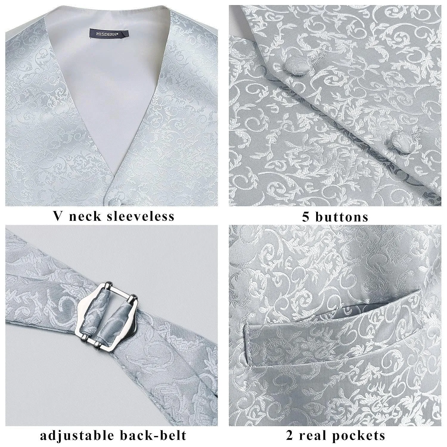 HISDERN Set Gilet e Cravatta Jacquard Paisley per Uomo, Grigio Argento, 5XL - immagine 3