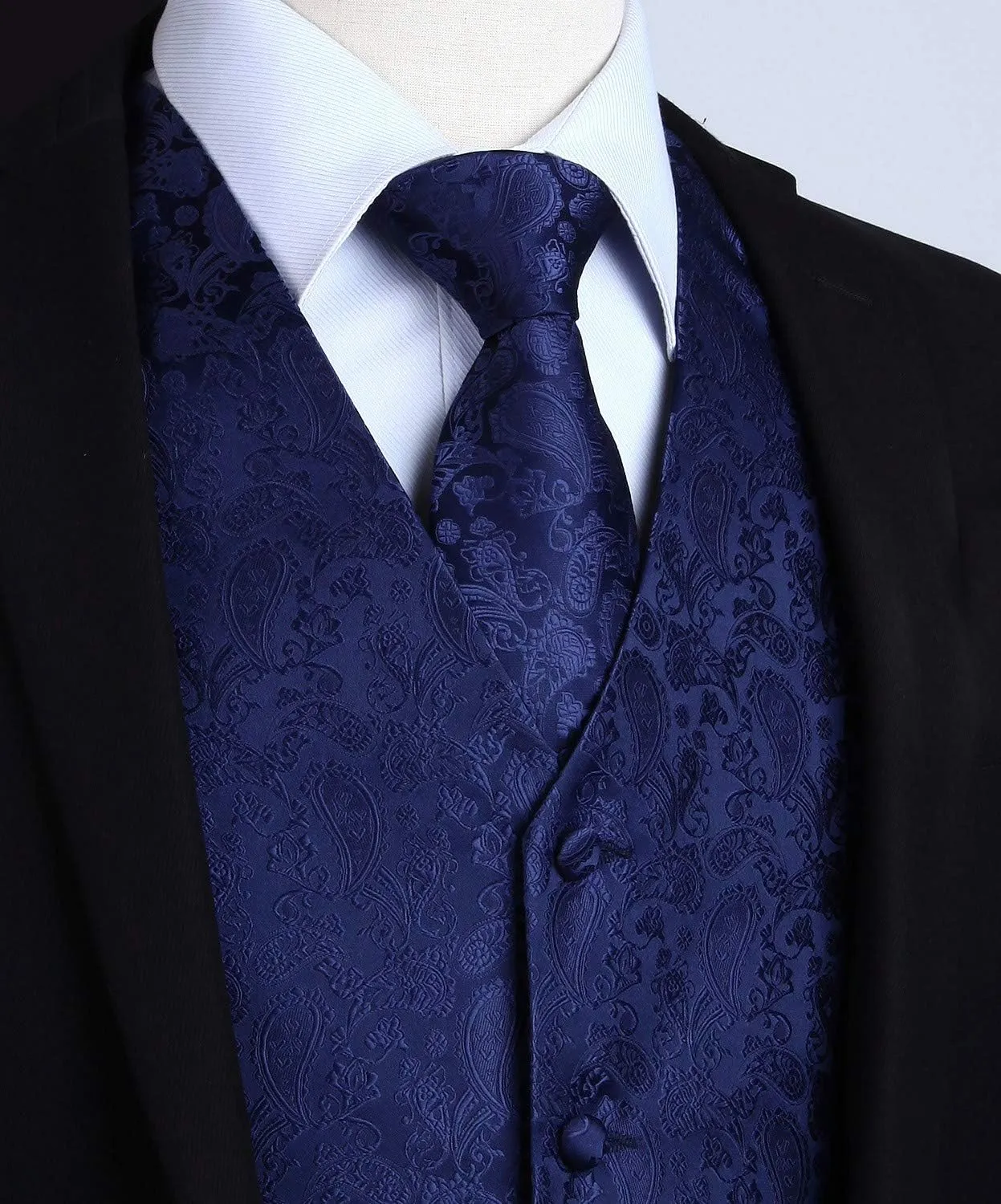 HISDERN Set Gilet, Cravatta e Fazzoletto in Jacquard Paisley Blu Navy - immagine 2