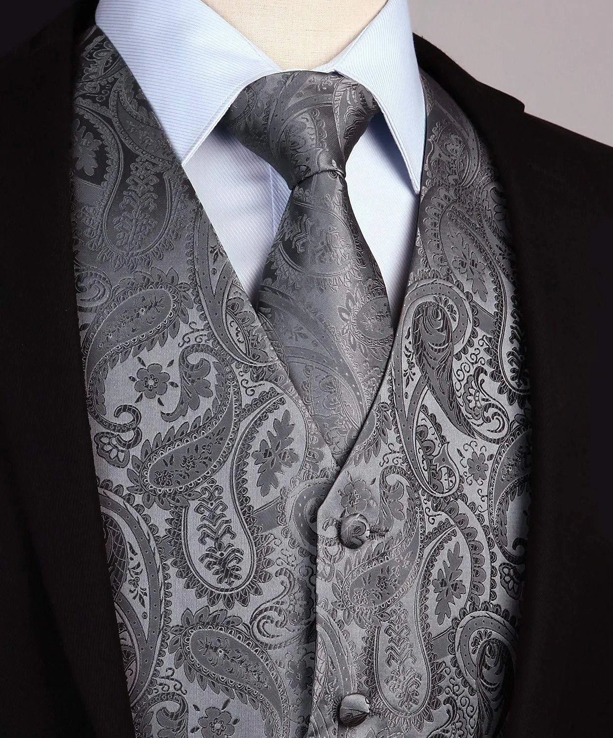 HISDERN Gilet da uomo Paisley Jacquard con cravatta e fazzoletto, Grigio - immagine 3