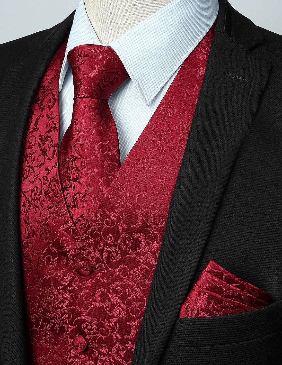 HISDERN Set Gilet e Cravatta Jacquard Paisley Borgogna 2, 4XL - immagine 3