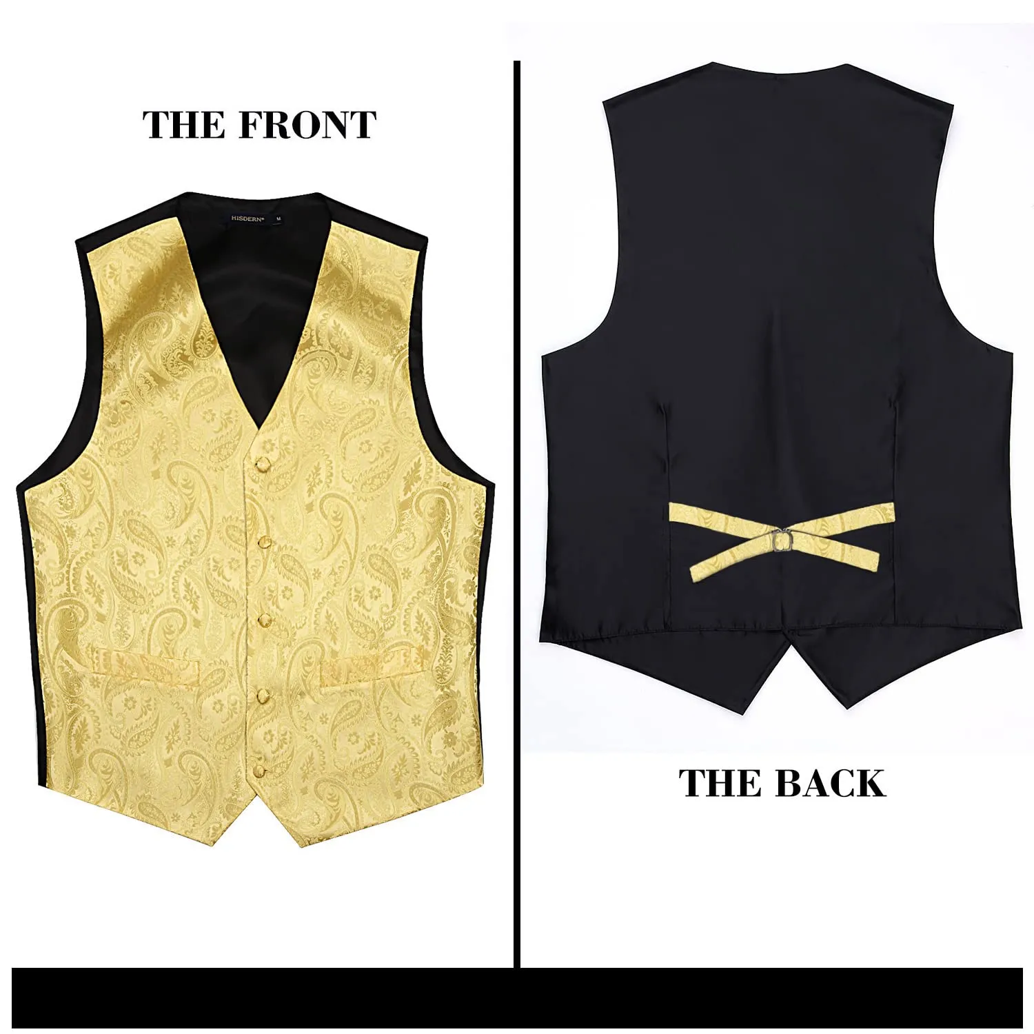 HISDERN Gilet da Uomo in Jacquard Paisley con Cravatta e Fazzoletto Giallo - immagine 5