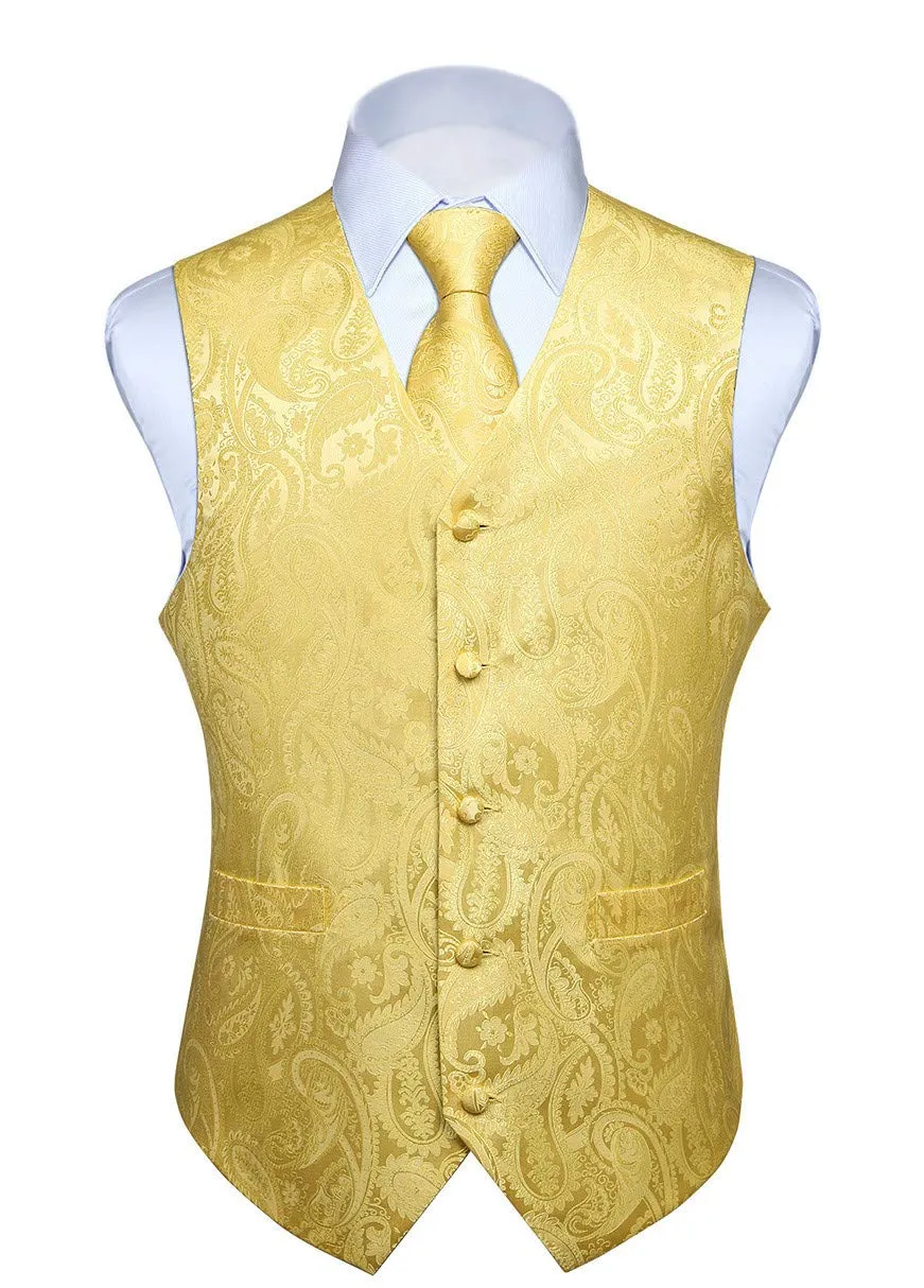 HISDERN Set Gilet, Cravatta e Fazzoletto Paisley Jacquard - Giallo - immagine 1