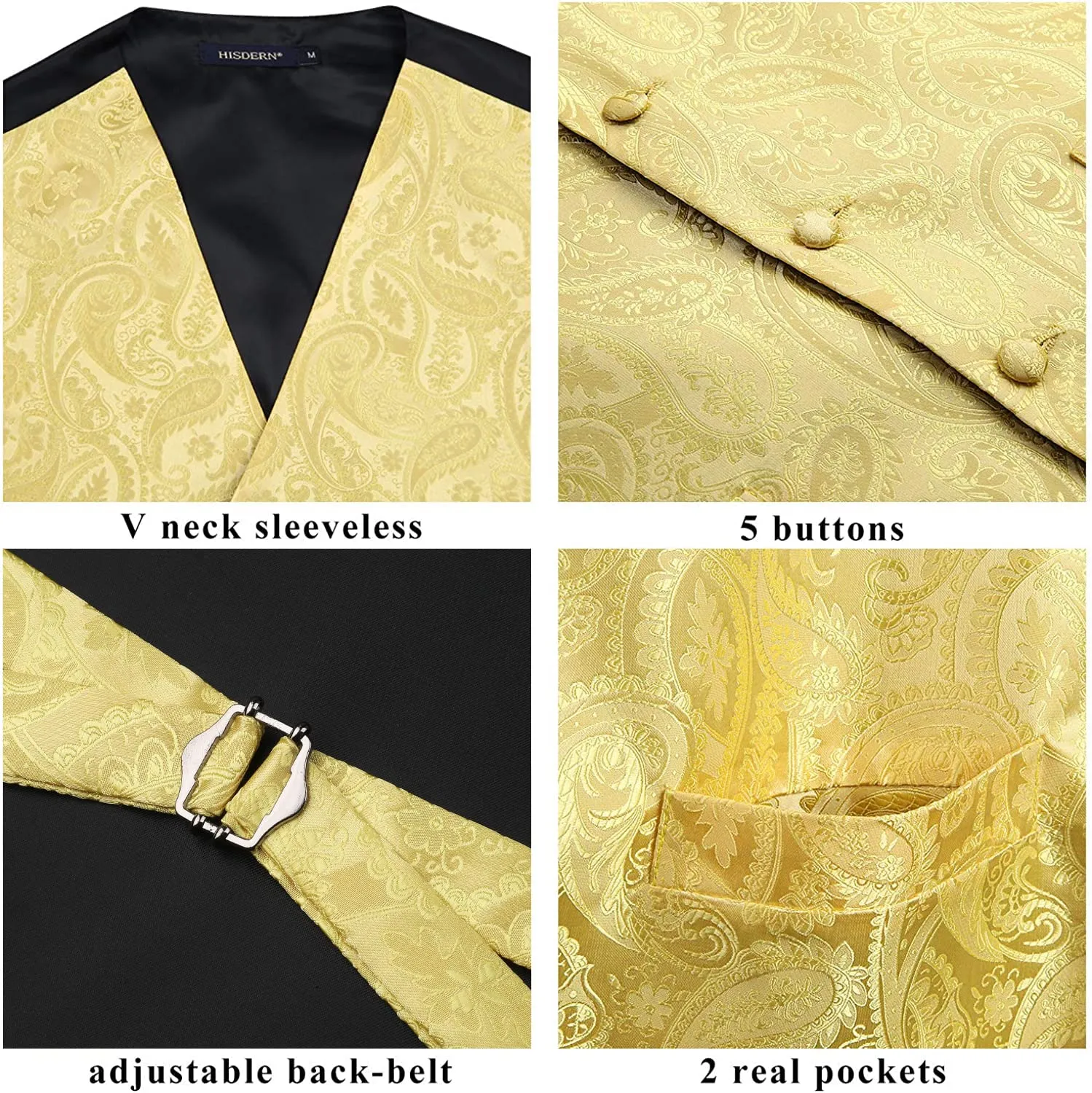 HISDERN Set Gilet, Cravatta e Fazzoletto Paisley Jacquard - Giallo - immagine 4