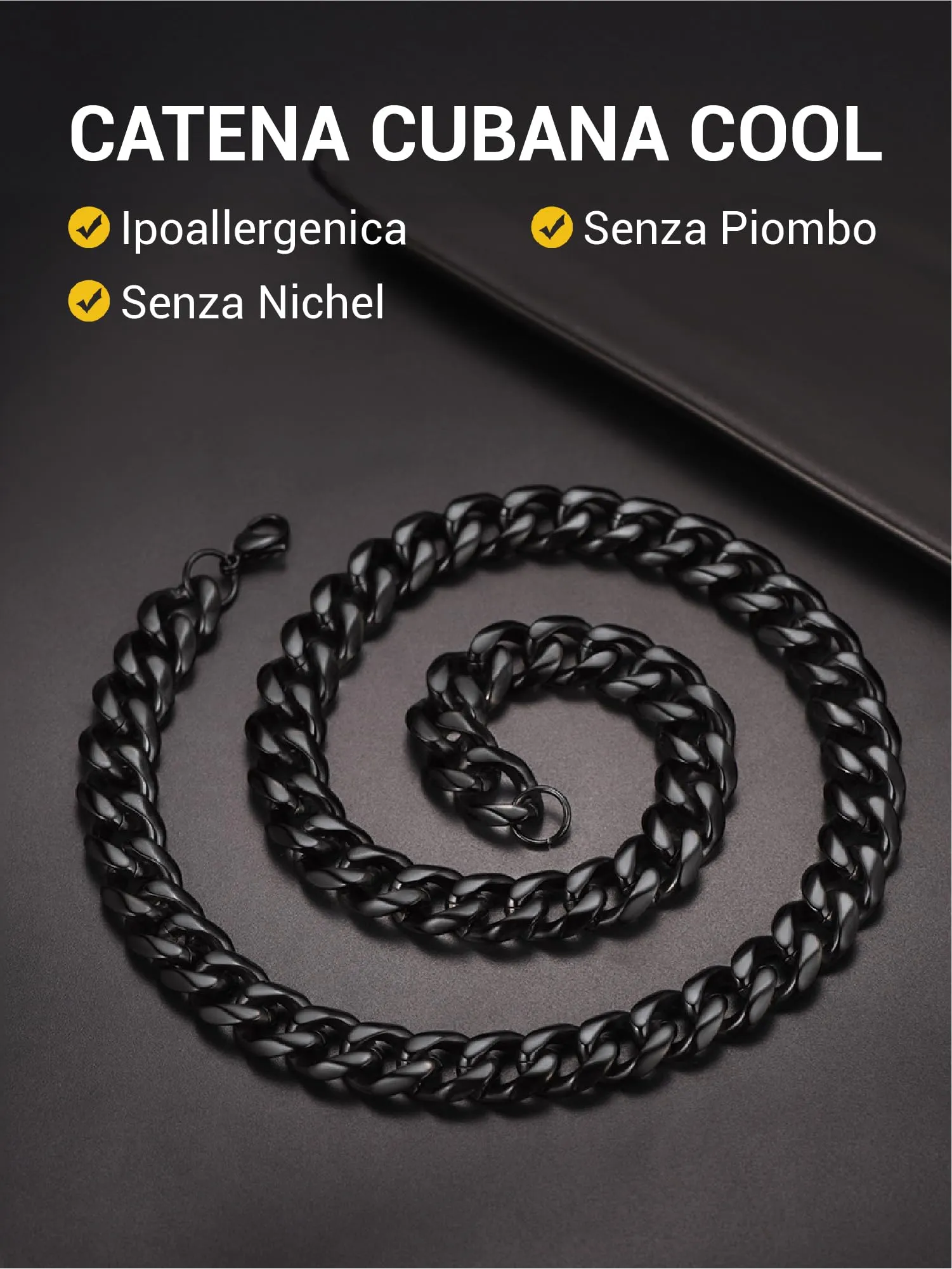PROSTEEL Collana a Catena Cubana Uomo, 12 mm, 65 cm, Acciaio Inossidabile, Nero - immagine 5