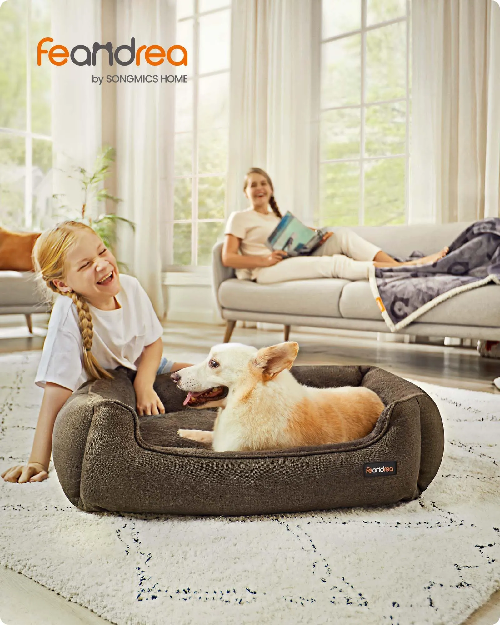 Feandrea Cuccia per Cani in Simil Lino, Bordi Rialzati, Fondo Antiscivolo, Copertura Sfoderabile, Taglia L, 90 x 75 x 25 cm, Marrone PGW11CC - immagine 2