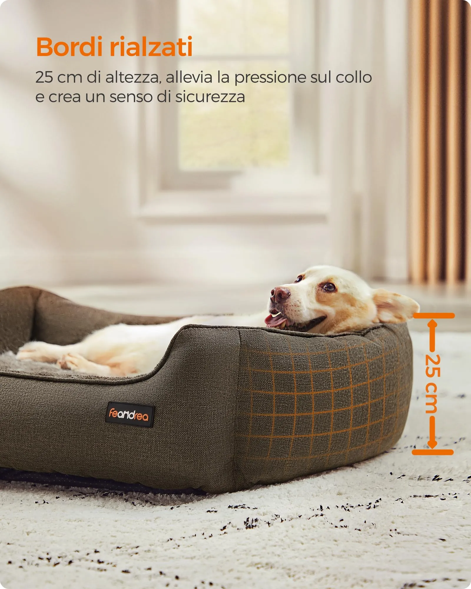 Feandrea Cuccia per Cani in Simil Lino, Bordi Rialzati, Fondo Antiscivolo, Copertura Sfoderabile, Taglia L, 90 x 75 x 25 cm, Marrone PGW11CC - immagine 3